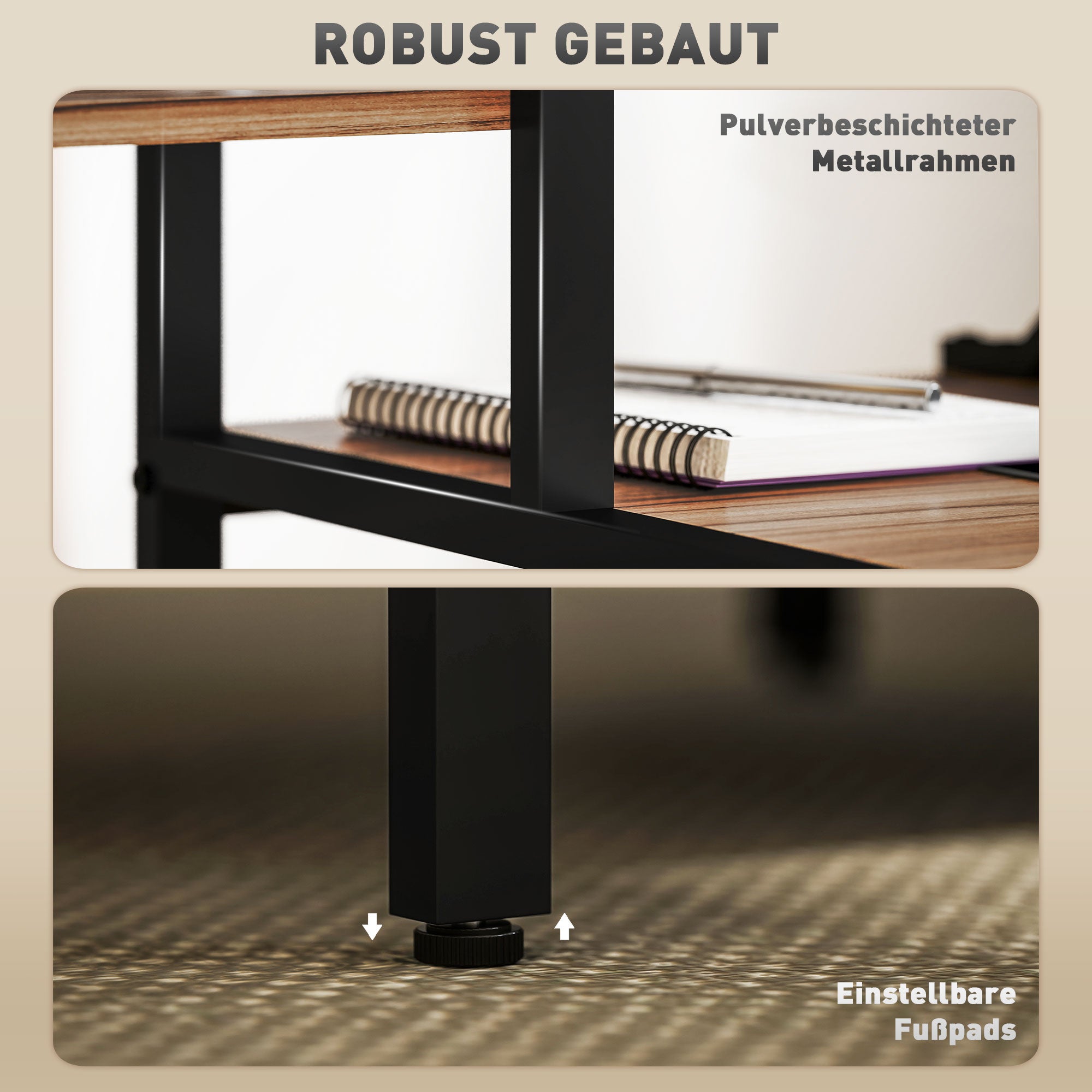 HOMCOM Computertisch mit Monitorständer, Schreibtisch mit 4-stufigem Regal, Industrielles Design, Braun
