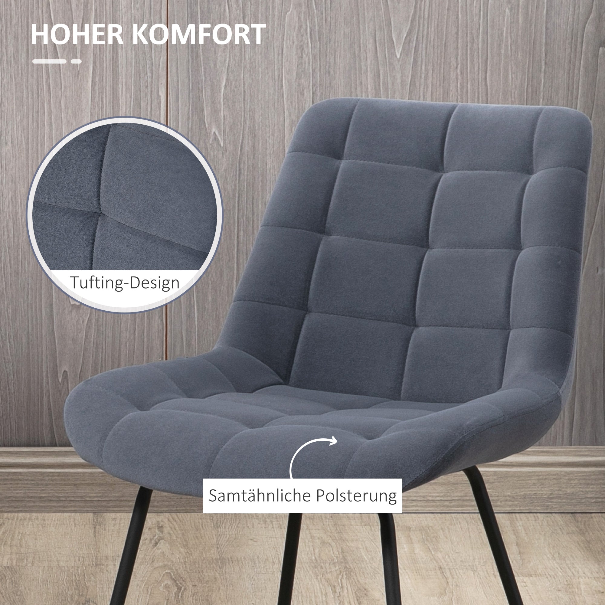 HOMCOM 2er-Set Esszimmerstühle im Retro-Design, Samtoptik, 50 cm x 61 cm x 79 cm, Dunkelgrau