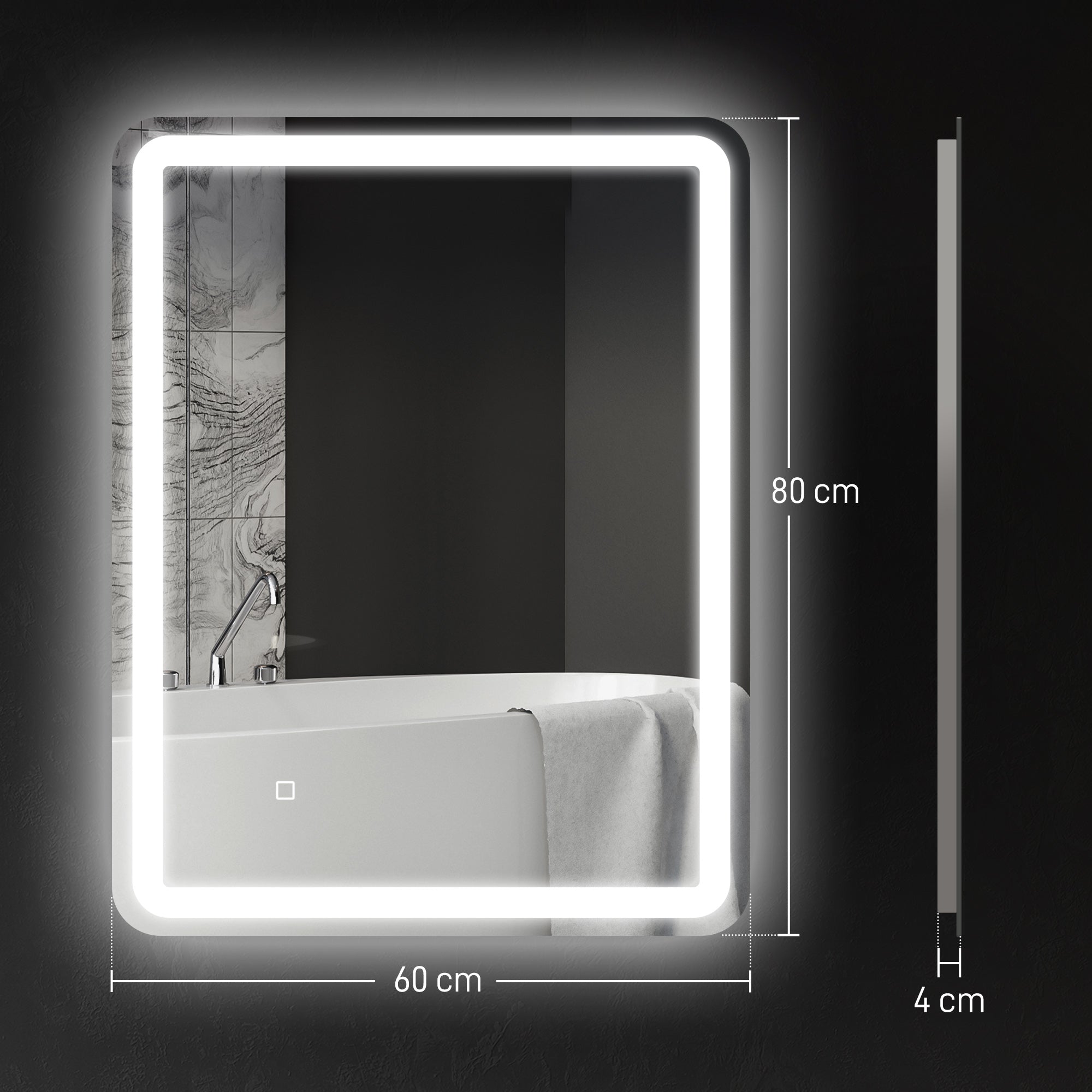 HOMCOM Badezimmerspiegel, beleuchtet, Touch-Steuerung, beschlagfrei, dimmbar, 3 Lichtfarben, 60 x 80, Silber