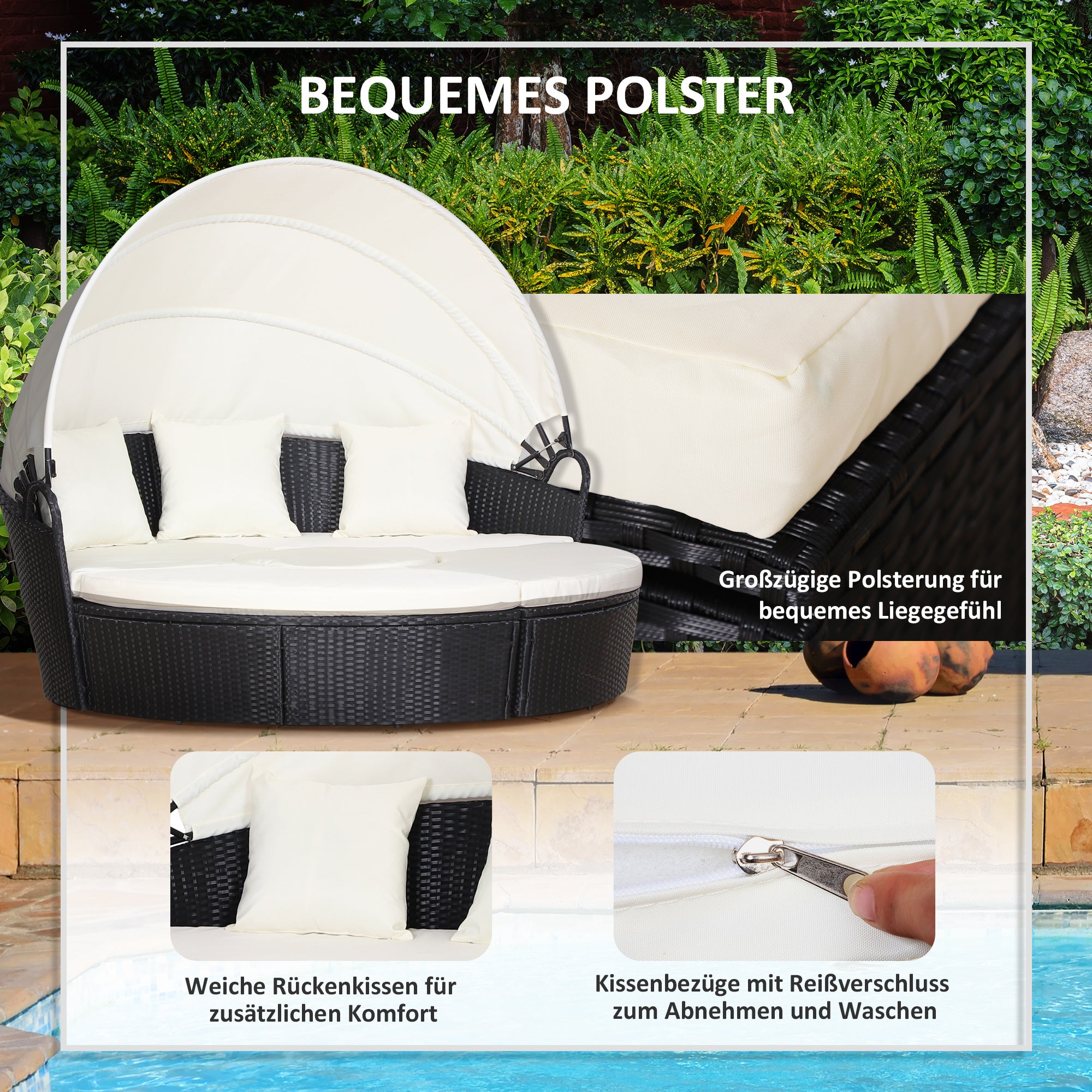 Outsunny Sonneninsel mit Baldachin; Gartenmöbelset mit Sonnendach, inkl. Kissen, Creme + Schwarz