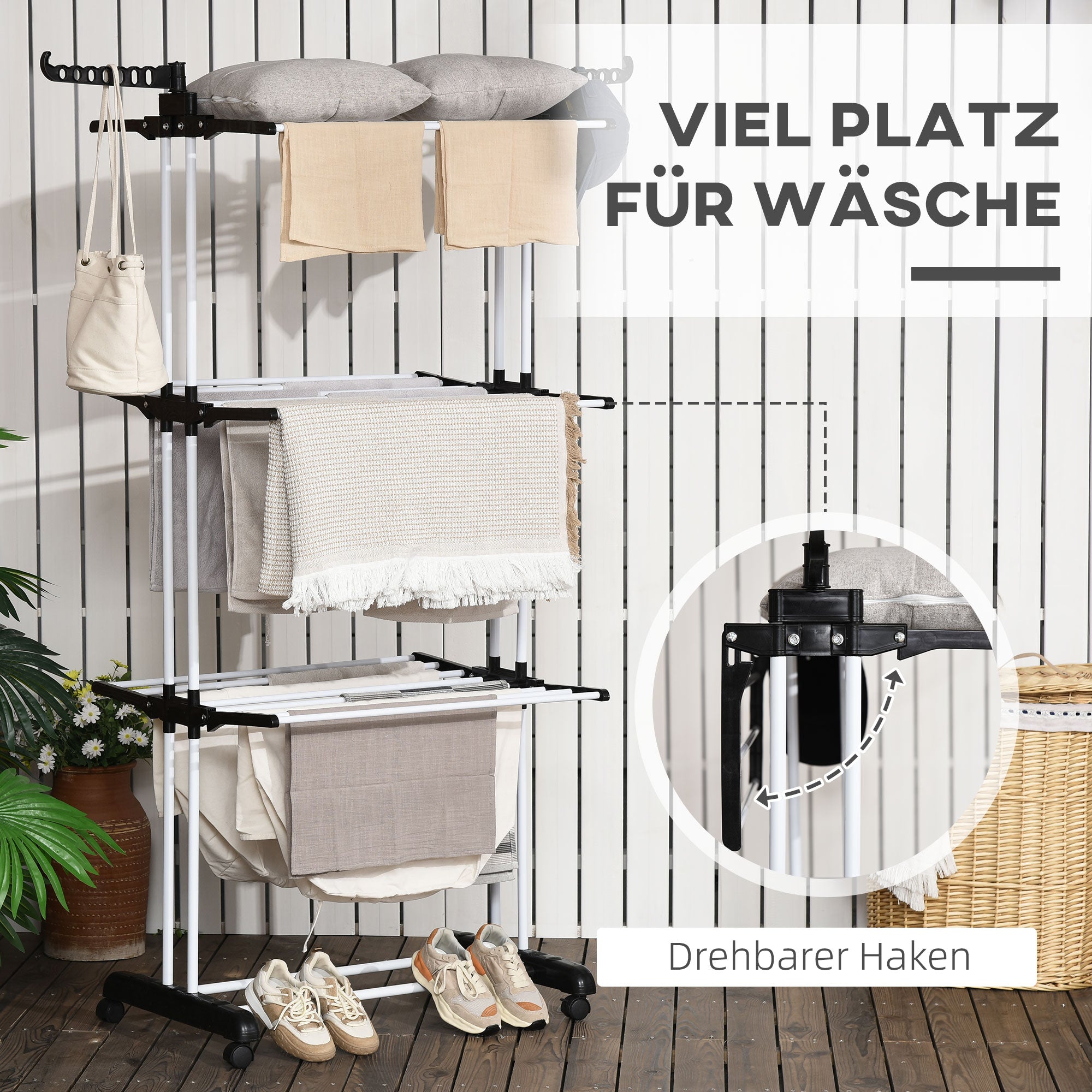 HOMCOM Wäscheständer, 4 Ebenen, klappbar, 4 Rollen mit 2 Bremsen, Metallrahmen, Schwarz, 73 x 64 x 177cm
