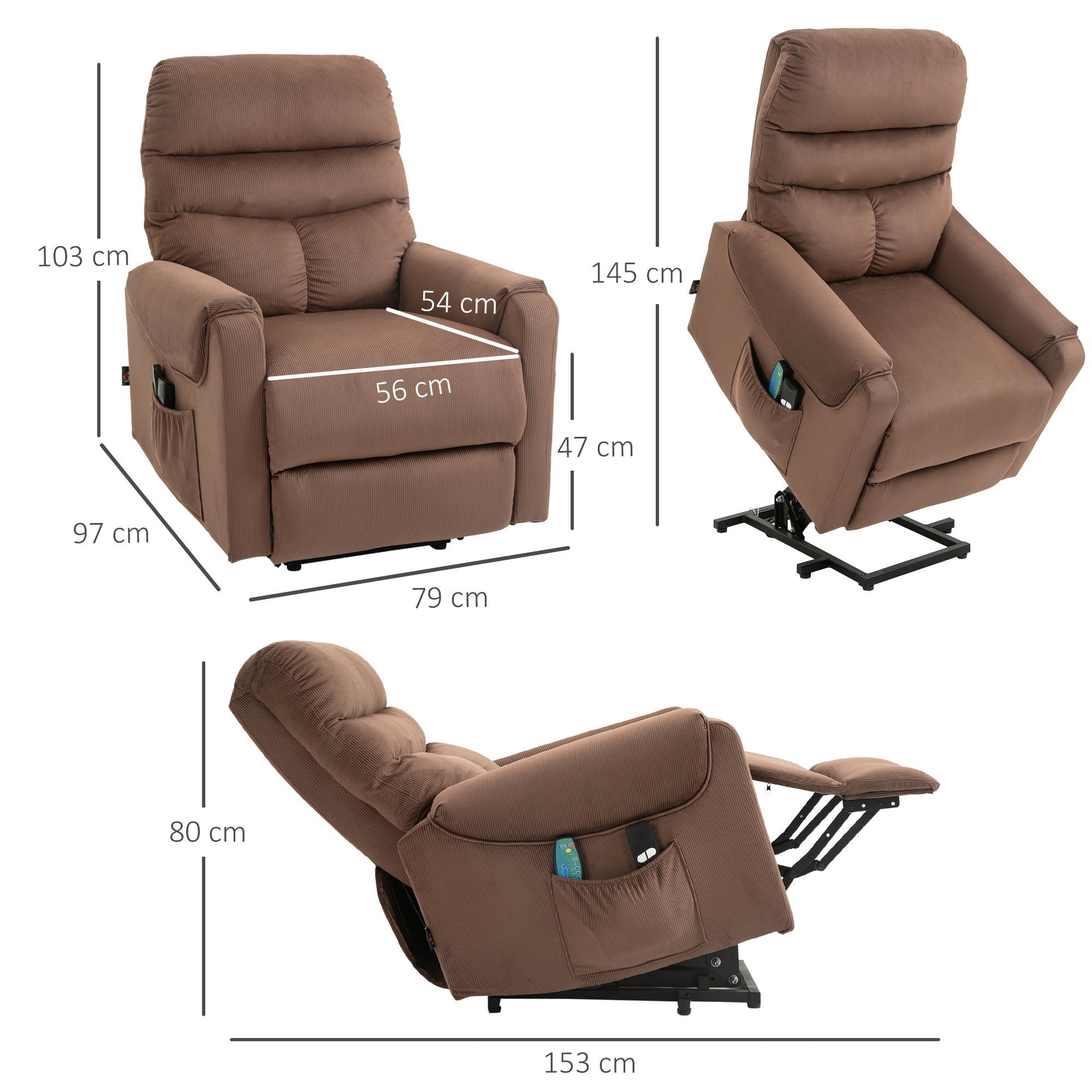 HOMCOM Fernsehsessel mit Aufstehhilfe Elektrisch, Massagesessel mit Liegefunktion und Wärmefunktion, Relaxsessel mit Fernbedienung und Seitentasche Verstellbar Polyester-Gewebe Braun