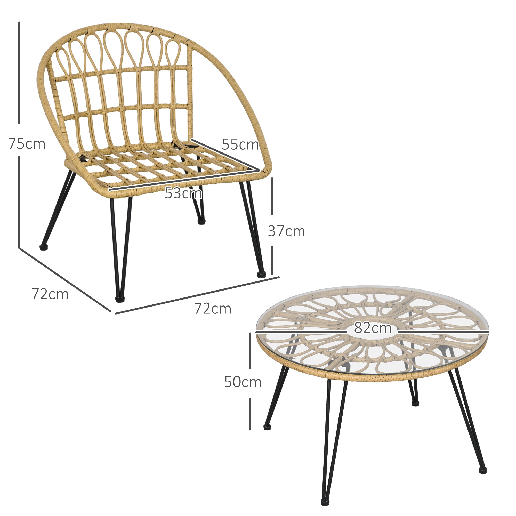 Outsunny 5-teilige Gartensitzgruppe, Boho-Stil, 1 Esstisch & 4 Stühle, Auflagen, Polyrattan, Beige/Natur
