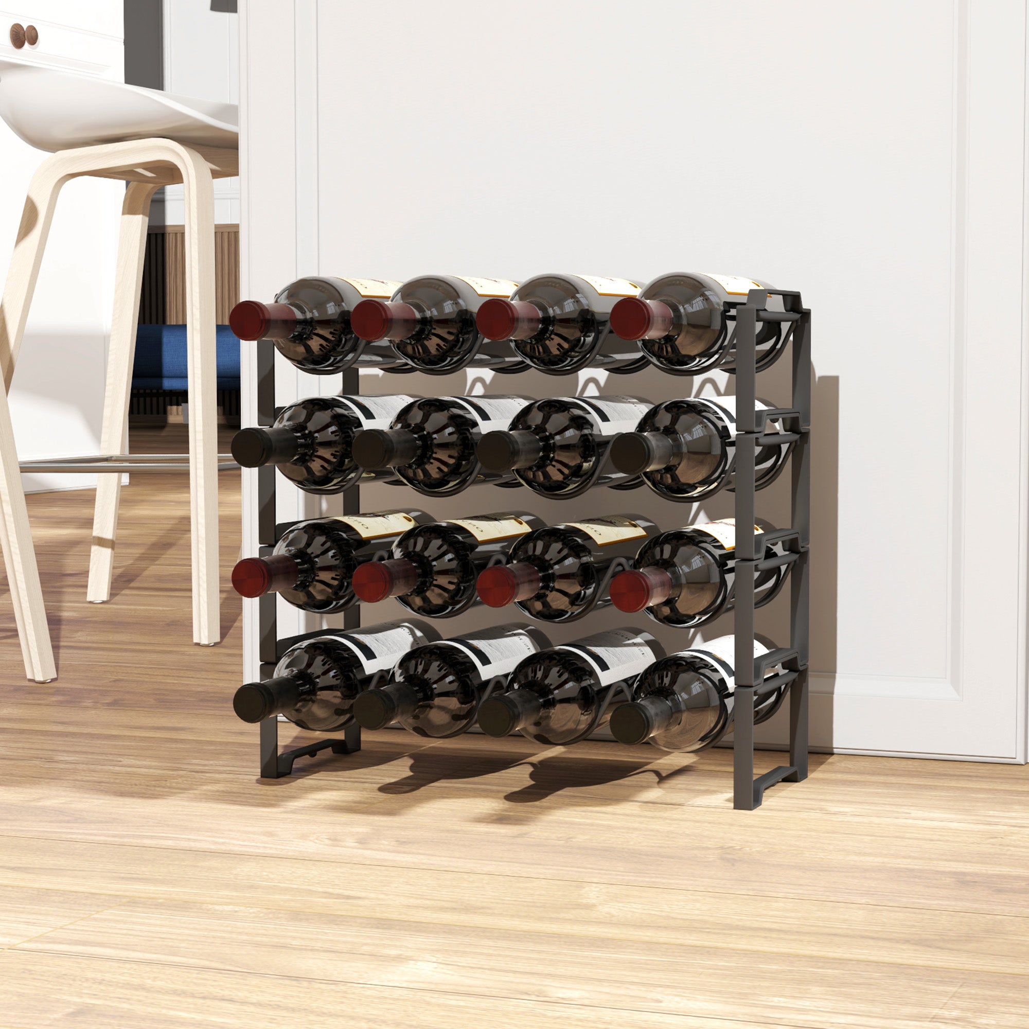 HOMCOM 4-stufiges Weinregal, freistehendes Regal für 16 Weinflaschen, Metall, Schwarz