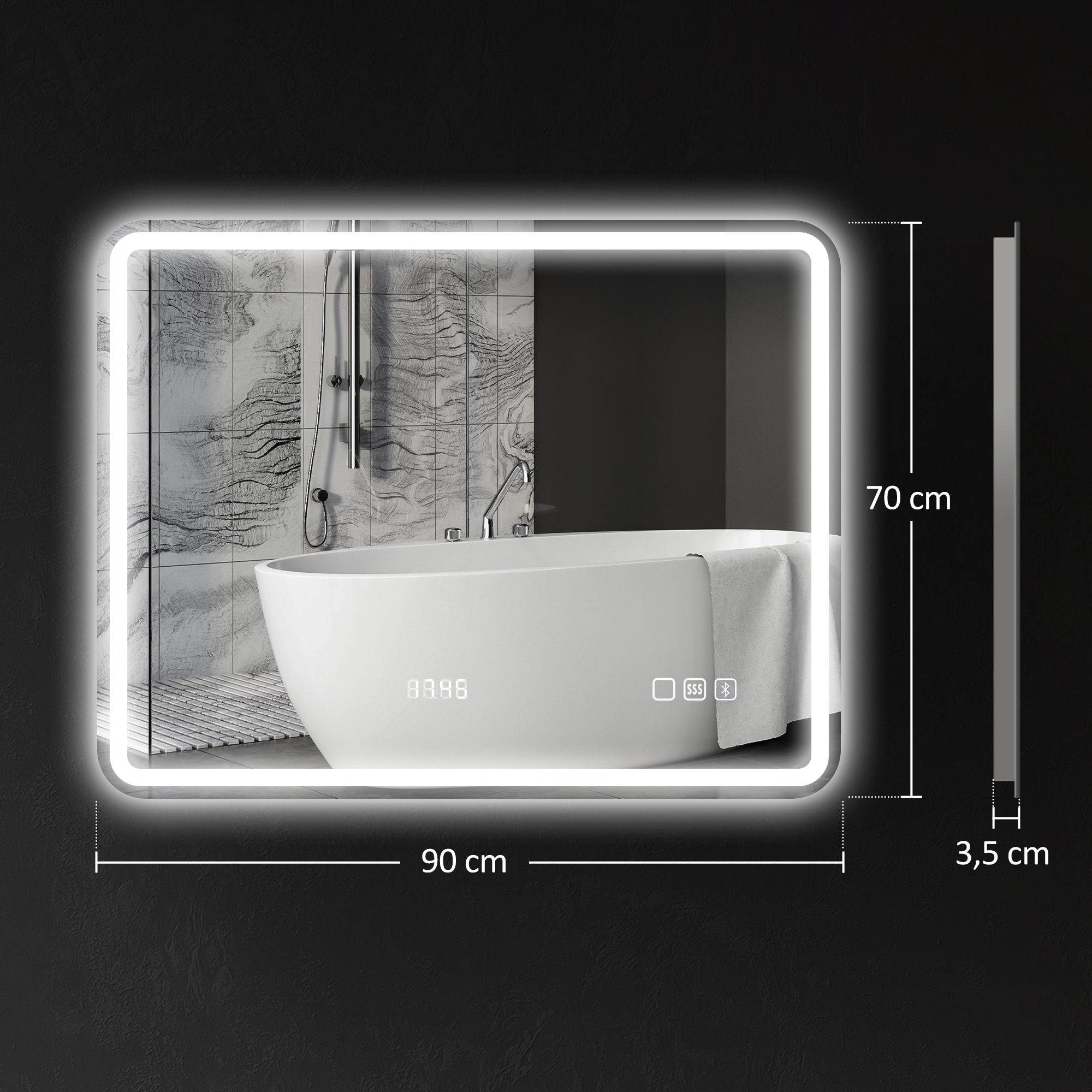 HOMCOM Badezimmerspiegel mit LED-Beleuchtung, Anti-Beschlags-Pad, 3 verstellbare Farben, Uhr, 700 x 900 mm, Silberfarben