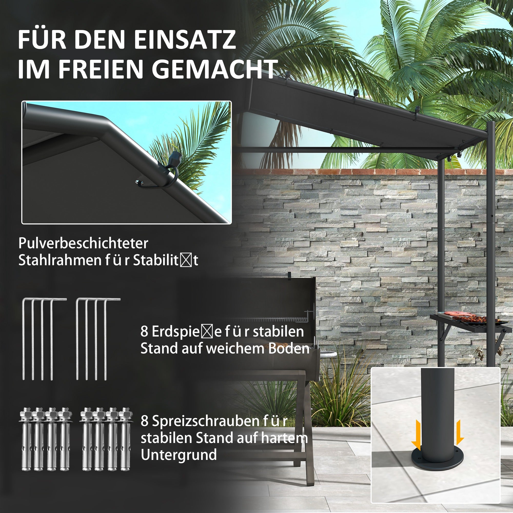 Outsunny Grillzelt Grilldach, wetterbeständig, inkl. Seitentaschen, 277 x 149 x 230 cm, Dunkelgrau