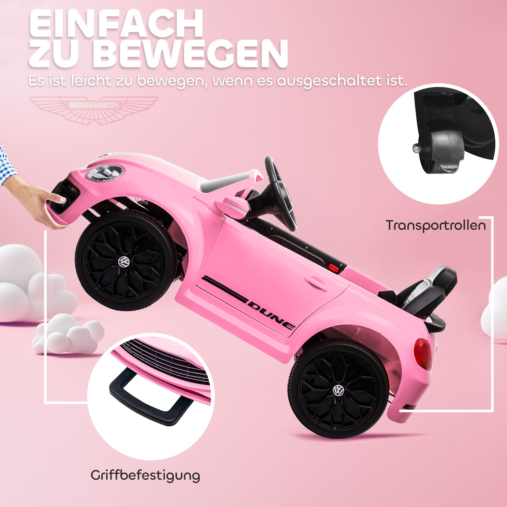 AIYAPLAY Elektro-Kinderfahrzeug, VW Käfer, 3-5 km/h, mit Fernbedienung & Musik, Rosa