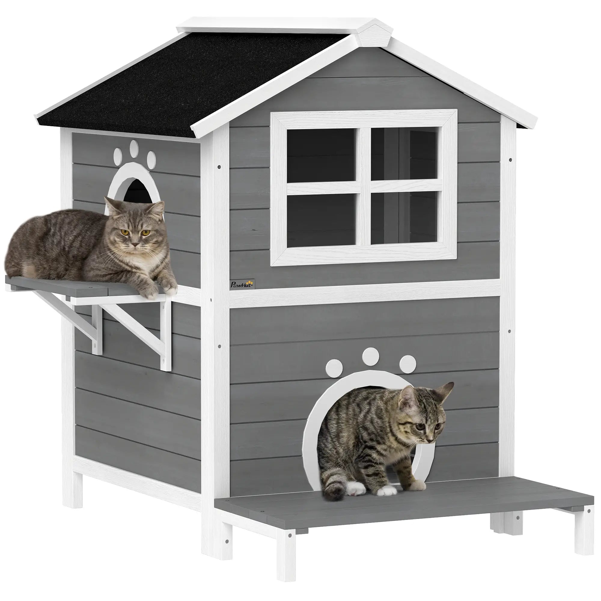 PawHut Katzenhaus aus Holz mit Balkon & Fenster, 2 Etagen, Grau