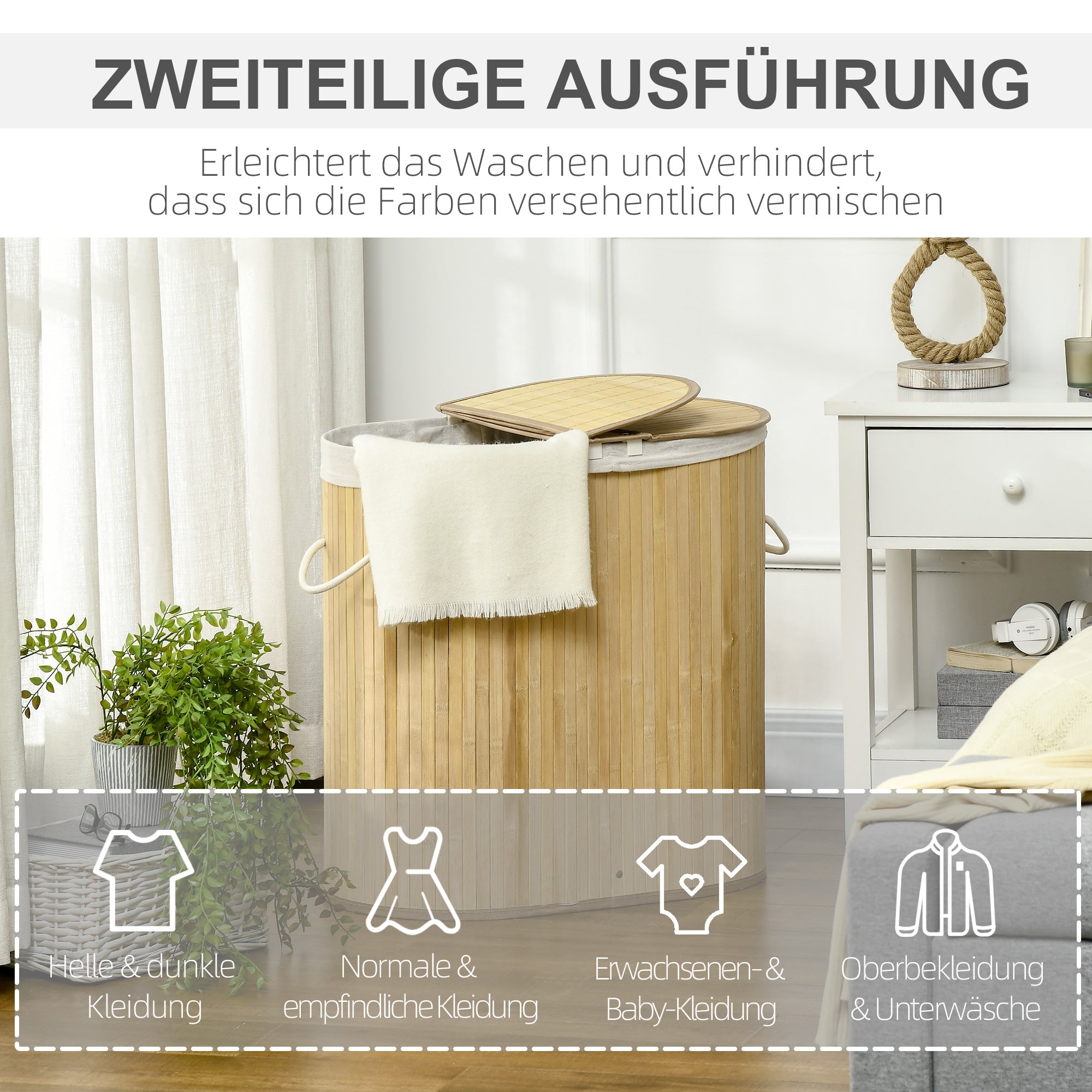 HOMCOM Wäschekorb 100L mit herausnehmbaren Wäschebank 62,5 cm x 37 cm x 60,5 cm Natur + Weiß