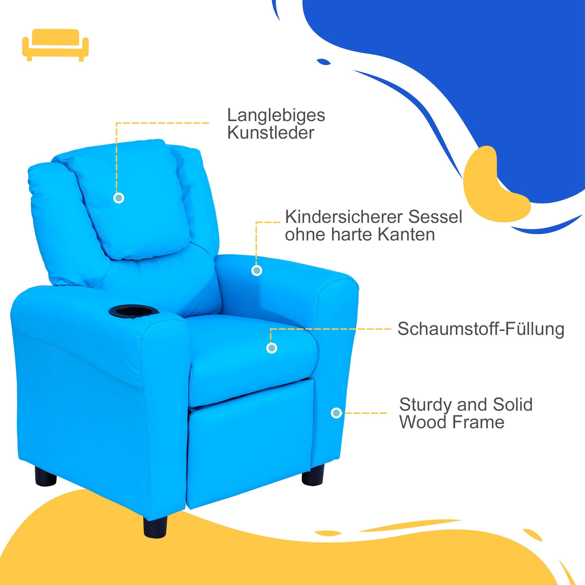 HOMCOM Kindersessel mit neigbarer Rücklehne 62 x 52 x 69cm Massivholzrahmen Blau