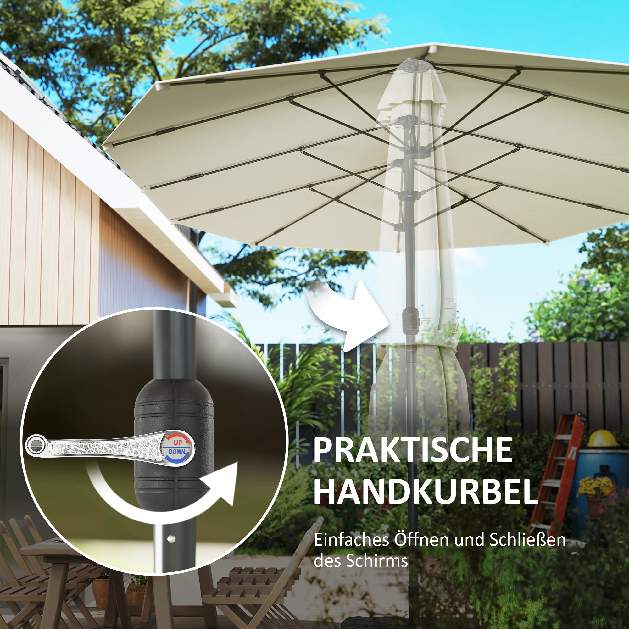Outsunny Doppelsonnenschirm 436 x 260 cm, UV Schutz Stahl Sonnenschirm mit Handkurbel, oval Beige