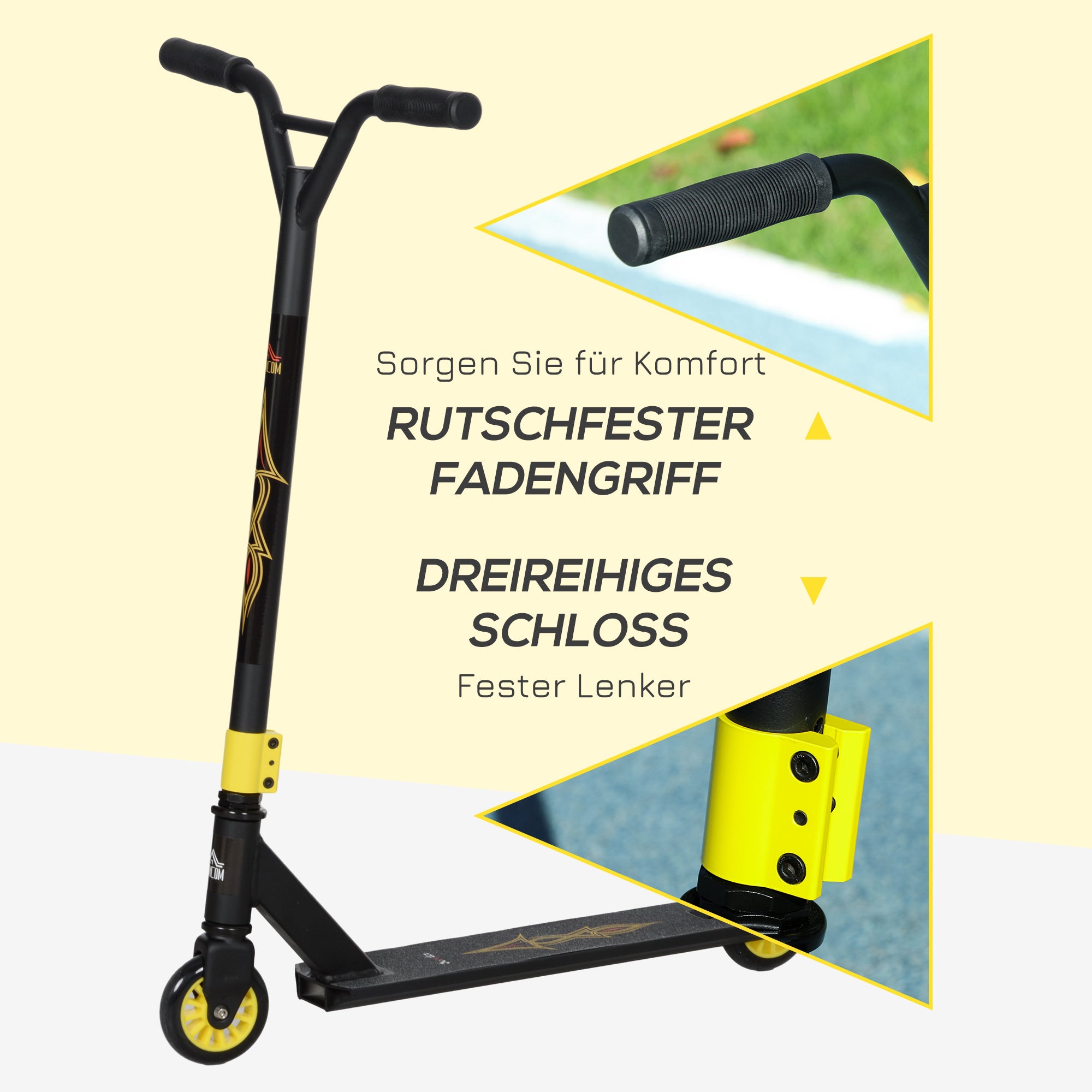 HOMCOM Pro Stunt-Scooter, Tretroller für Freestyle Tricks, Aluminium, Metall, Kunstleder, für Kinder und Erwachsene, Gold