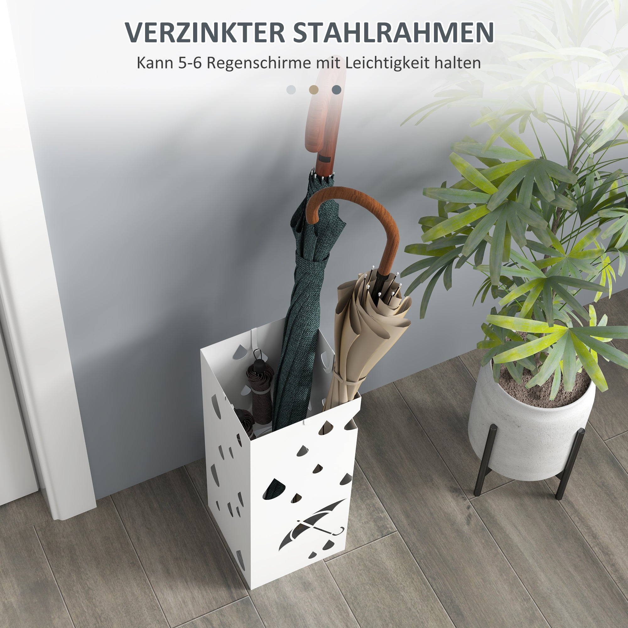 HOMCOM Schirmständer, 4 Haken, Tropfschale, Stahl, Weiß