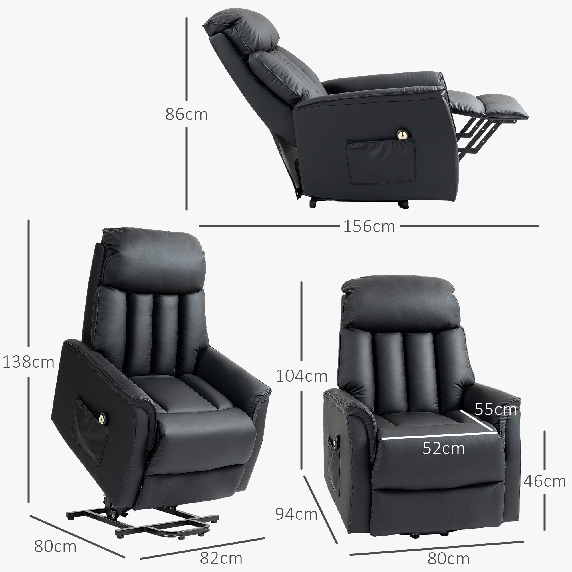 HOMCOM Elektrischer Aufstehsessel, Fernsehsessel, Sessel mit Aufstehhilfe, Liegefunktion, Kunstleder, 80 x 94 x 104 cm, Schwarz