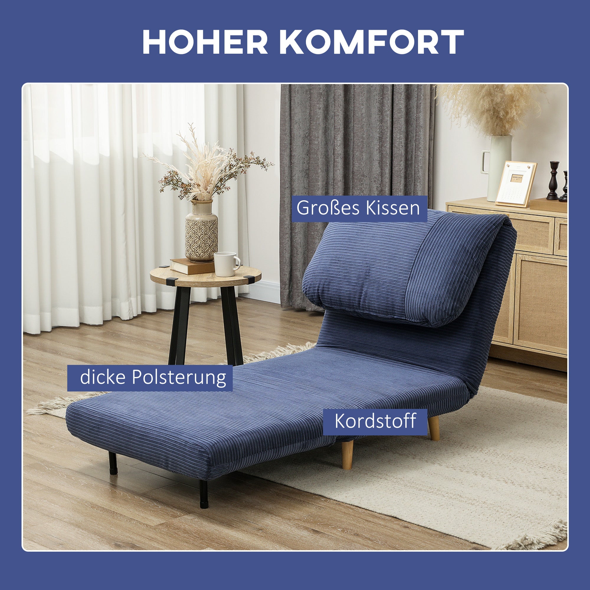 HOMCOM 2-in-1 Schlafsessel Gästebett, verstellbare  Kopfstütze Cord-Optik 82 cm x 8 cm x 83 cm Blau