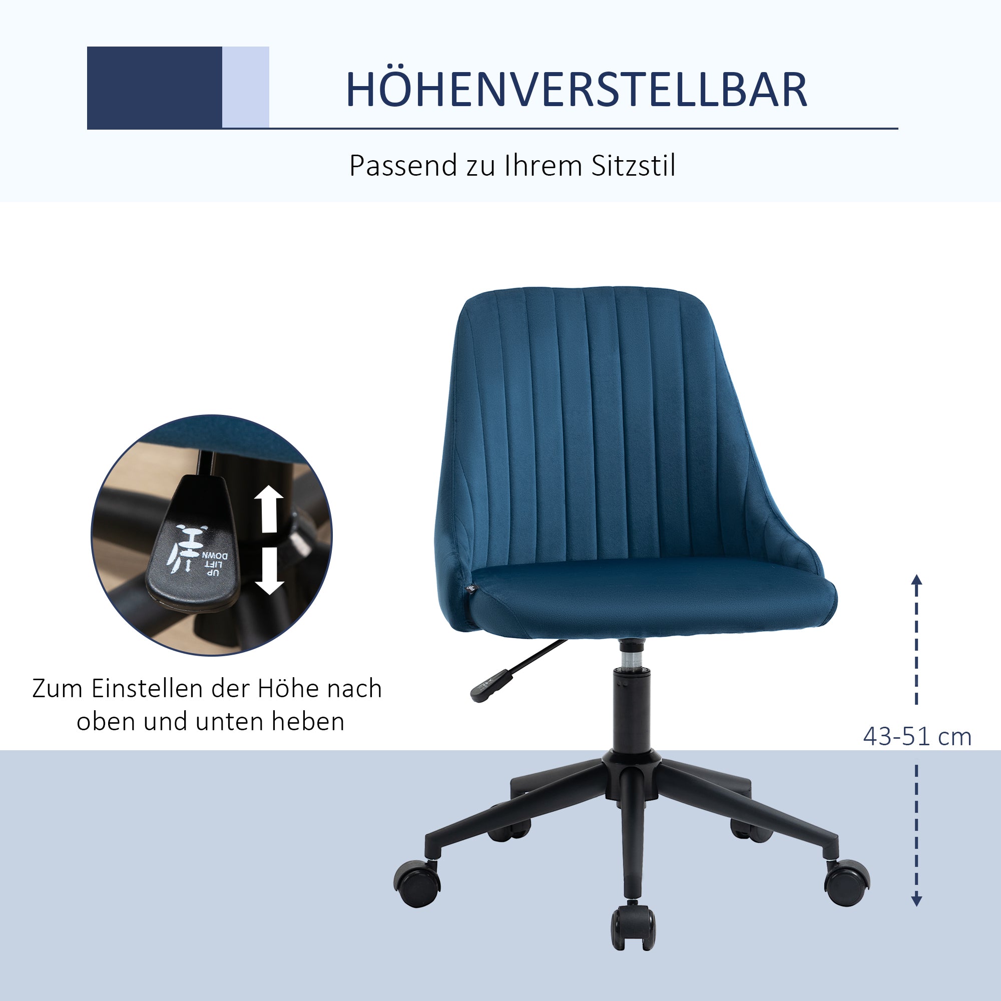 Vinsetto Bürostuhl Drehstuhl Schreibtischstuhl Ergonomisches Liniendesign höhenverstellbar 360° drehbar Schaumstoff Samtartiges Polyester Blau 50 x 58 x 77-87 cm
