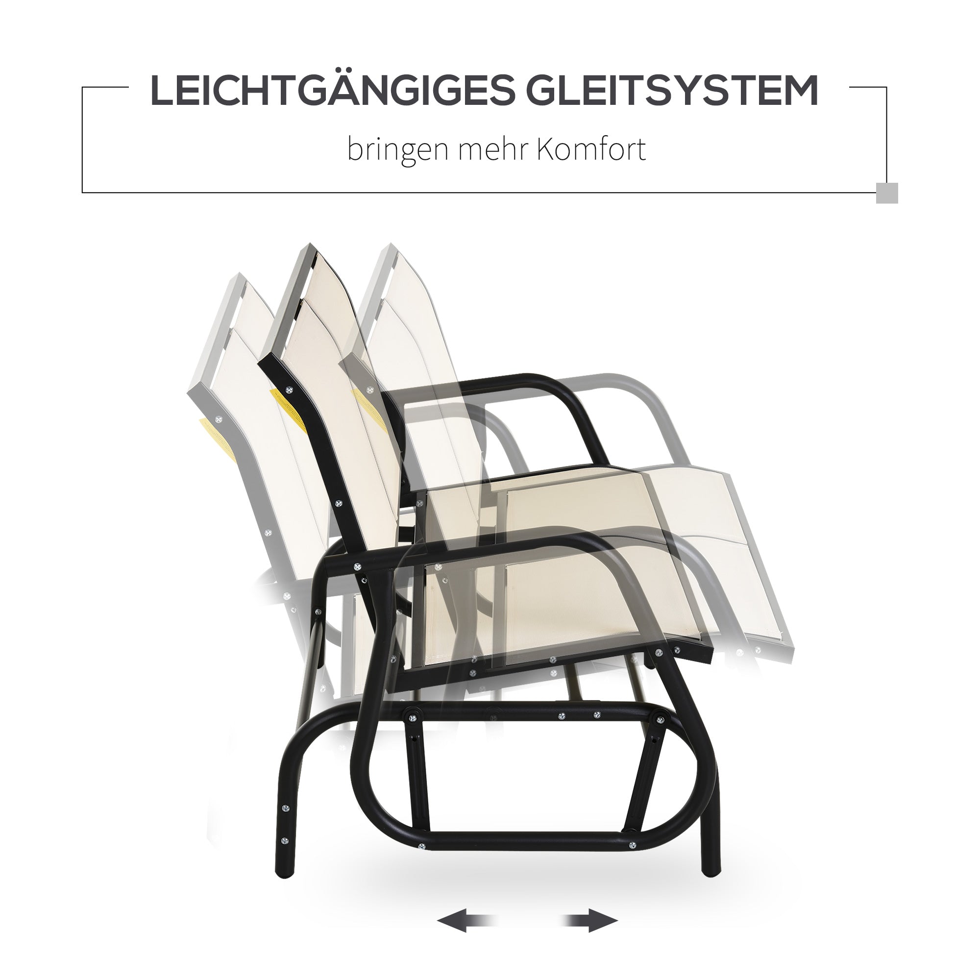 Outsunny 2-Sitzer Schaukelstuhl Gartenbank mit Schaukelmechanismus Gartenschaukel Sitzbank aus Metall Parkbank bis 200 kg belastbar Gartenmöbel für Garten, Terrasse, 120 x 70 x 85 cm Schwarz+Beige
