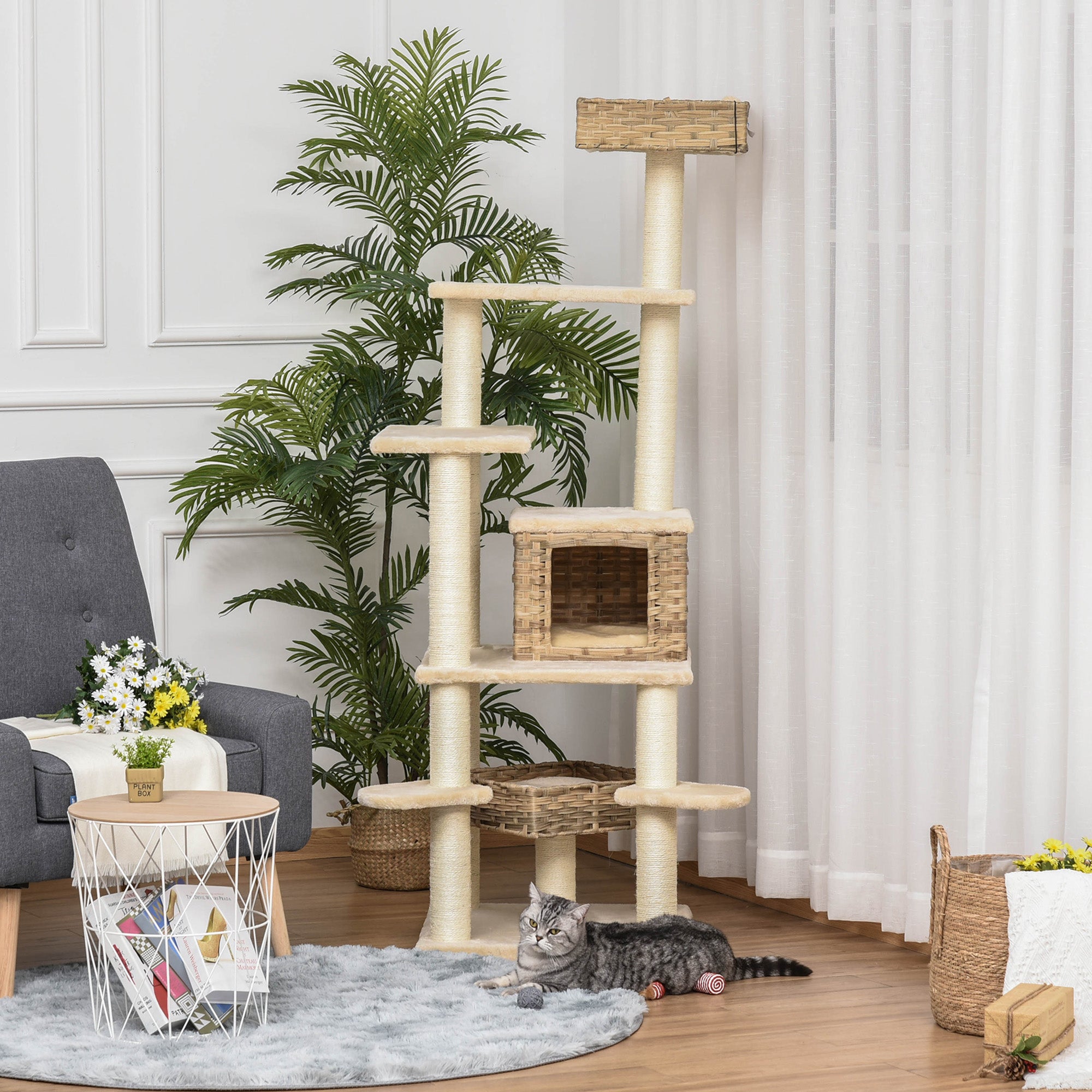 PawHut Rattan Kratzbaum mit Katzenhöhle Mehrstufiger Katzenbaum Kletterbaum für Katzen E1 MDF Sisal Beige+Braun 55 x 55 x 174 cm