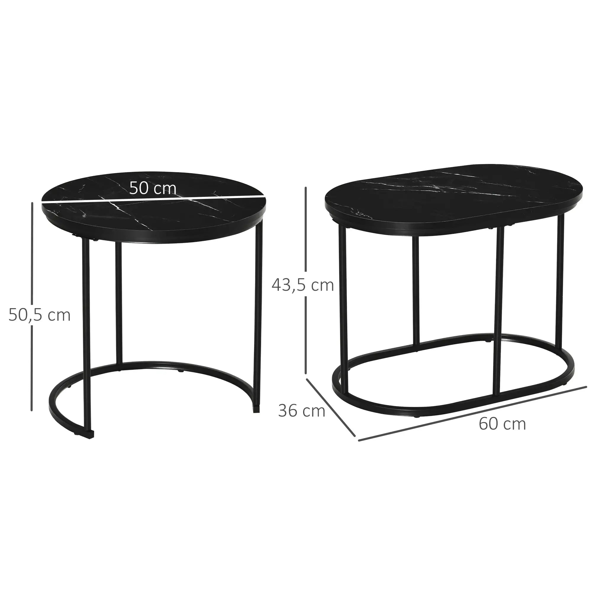 HOMCOM 2er-Set Couchtisch, Ovaler und runder Kaffeetisch, stapelbar, Marmoroptik, MDF, Metall, Ø50 x 50,5H cm, Schwarz