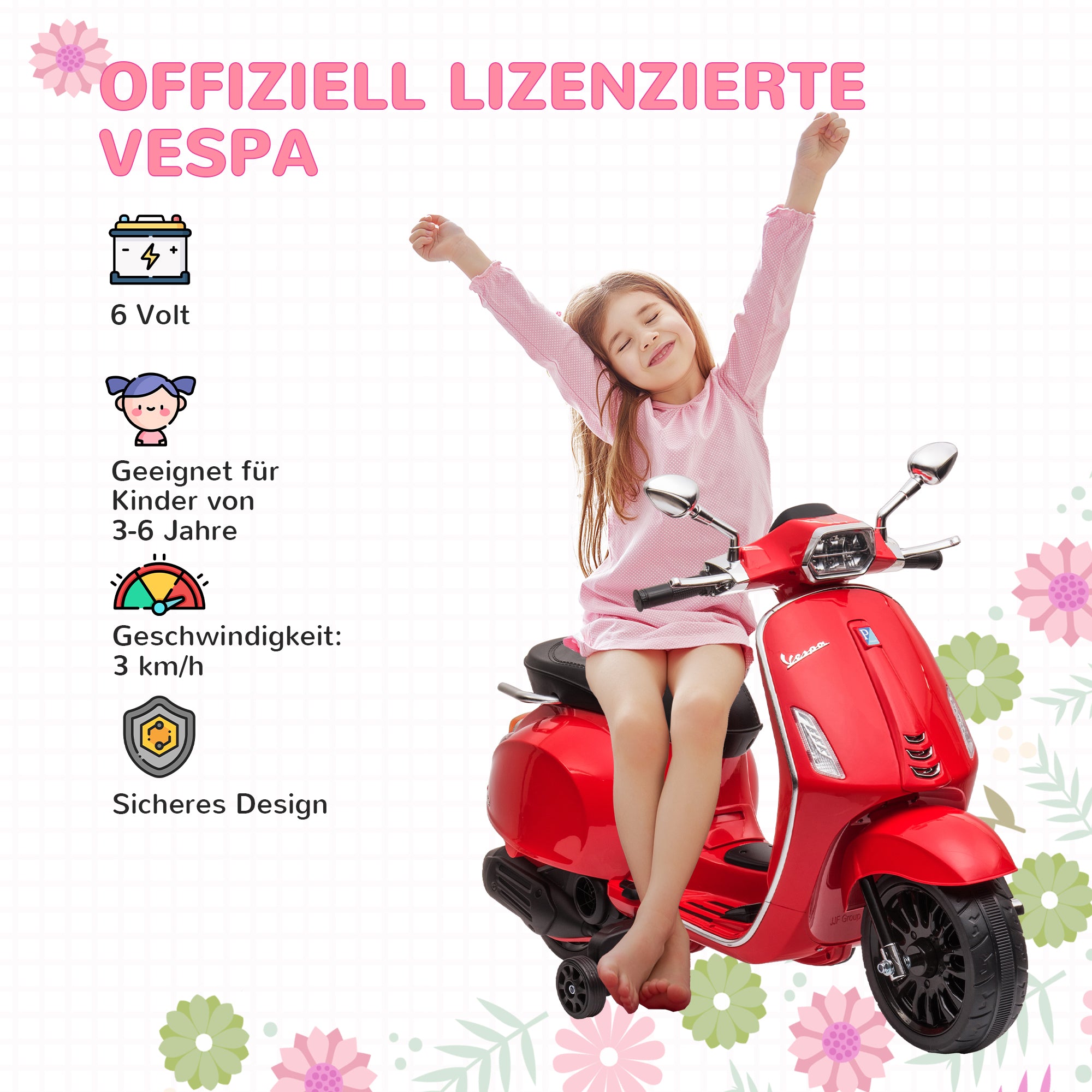 AIYAPLAY Elektro-Motorroller für Kinder, Vespa, Musik & Scheinwerfer, 107x47x73 cm, Rot