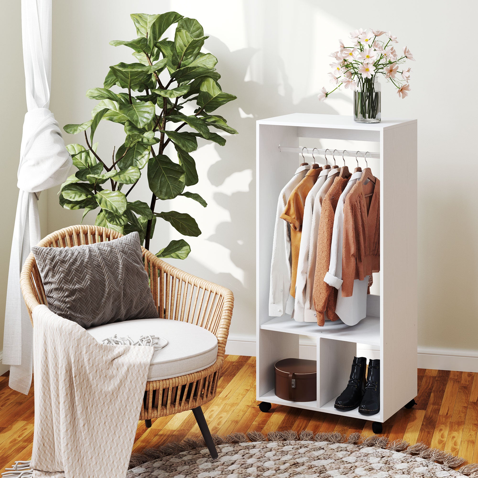 HOMCOM Kleiderschrank Garderobe,60 cm x 40 cm x 127 cm, 1 Kleiderstange, 2 Regale, Weiß