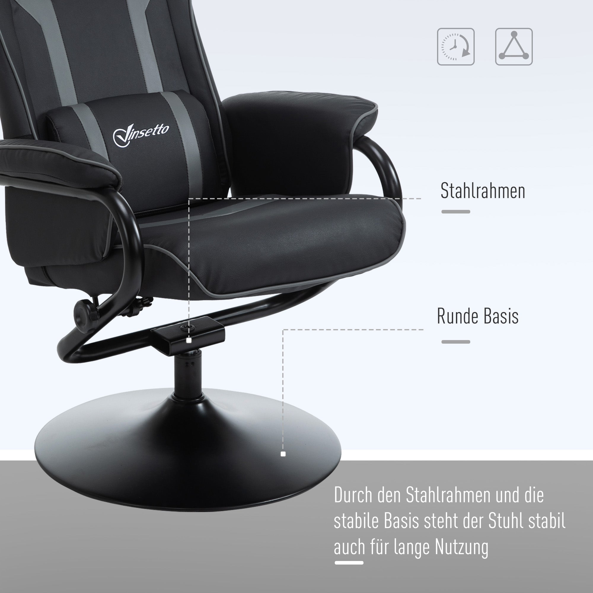 Vinsetto Relaxsessel neigbar mit Hocker 67 x 82,5 x 103cm Stahl Schwarz+Grau