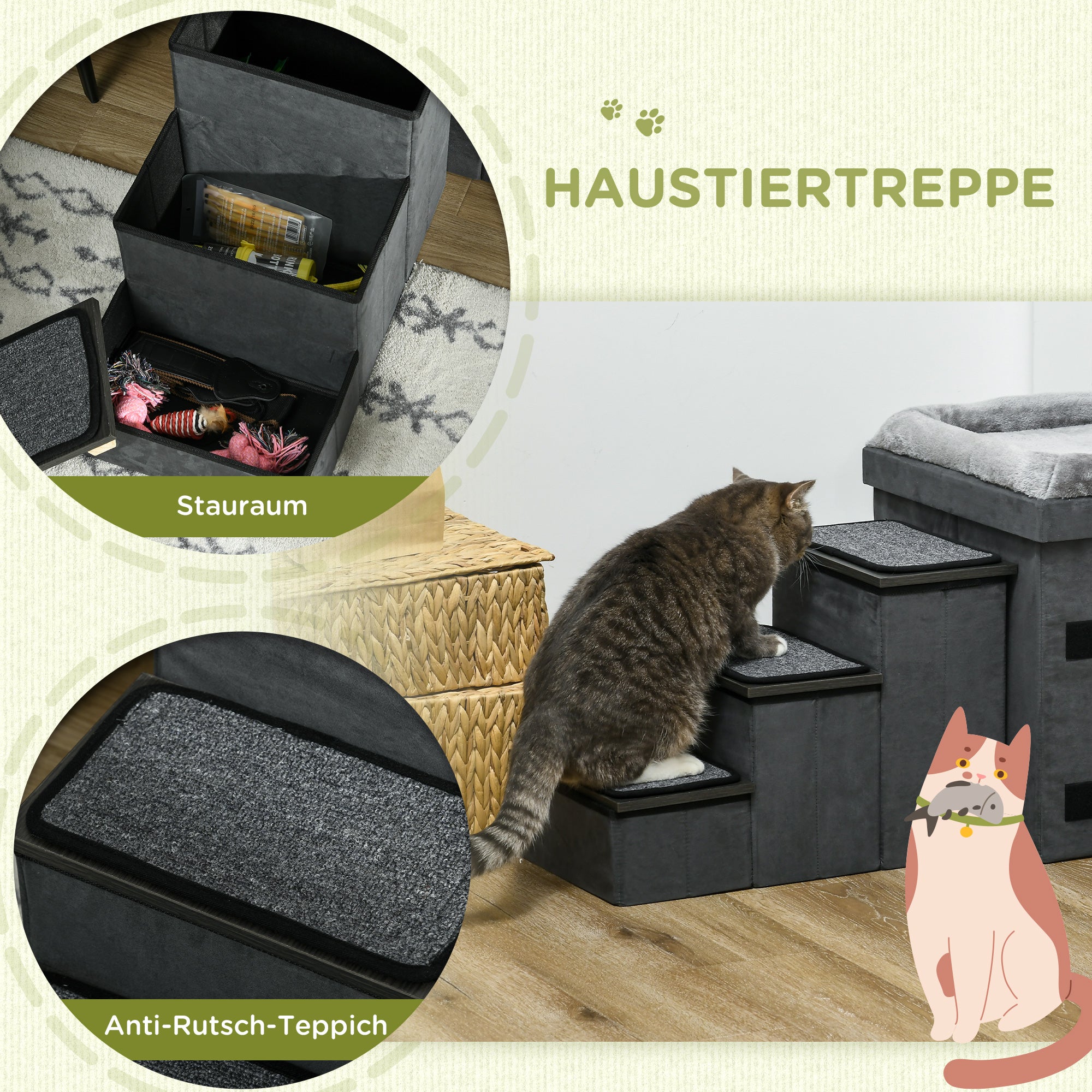 PawHut Katzenhaus Katzenhütte Katzenhöhle, 3 Haustiertreppen, 2 Fressnäpfe, 70 x 50 x 51, cm,  Grau