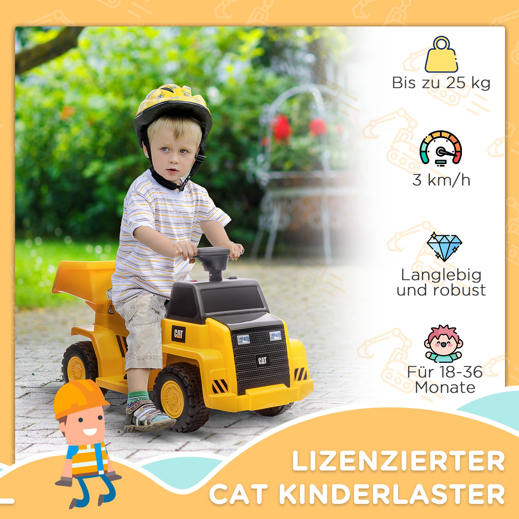 HOMCOM Elektro-Kipplaster für Kinder, kippbare Ladefläche, max. 3 km/h, Scheinwerfer, Hupe, gelb, 74,5 x 36 x 43,5 cm