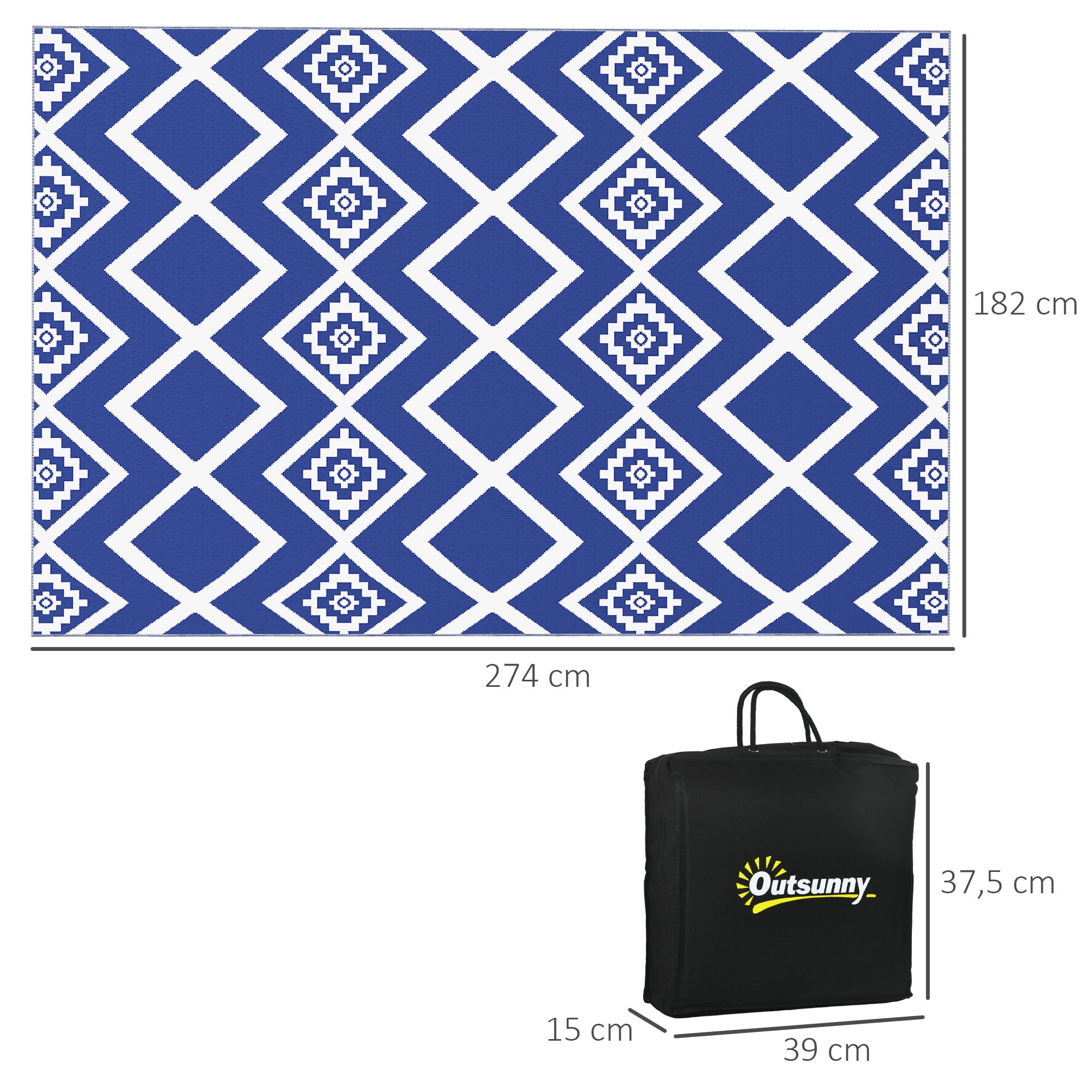 Outsunny Outdoorteppich Terrassenteppich, wetterbeständig, modernes Design, 182 cm x 274 cm x 0,3 cm, Blau + Weiß