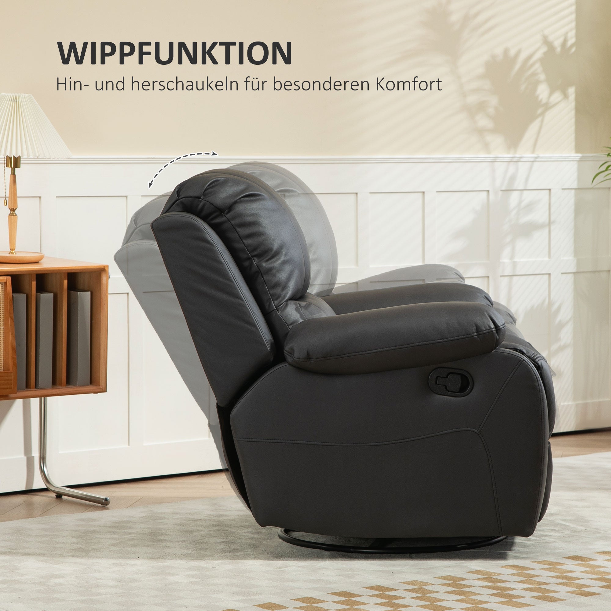 HOMCOM Relaxsessel, verstellbare Lehne & Fußstütze, drehbar, bis 150 kg, Stahlrahmen, 93x100x98cm, Schwarz