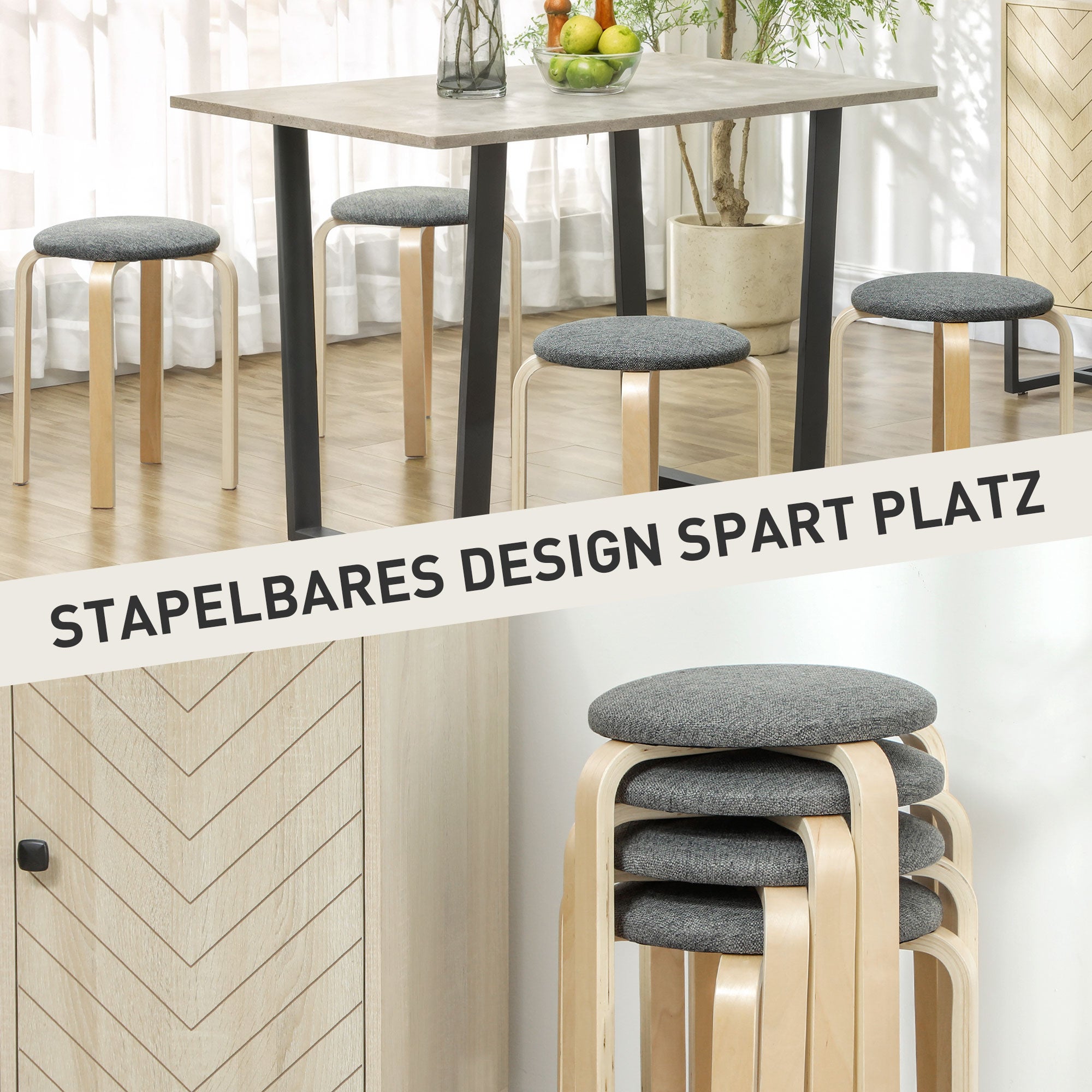 HOMCOM Polsterhocker im 4er-Set, stapelbar, lackierte Oberfläche, Holzbeine, Grau