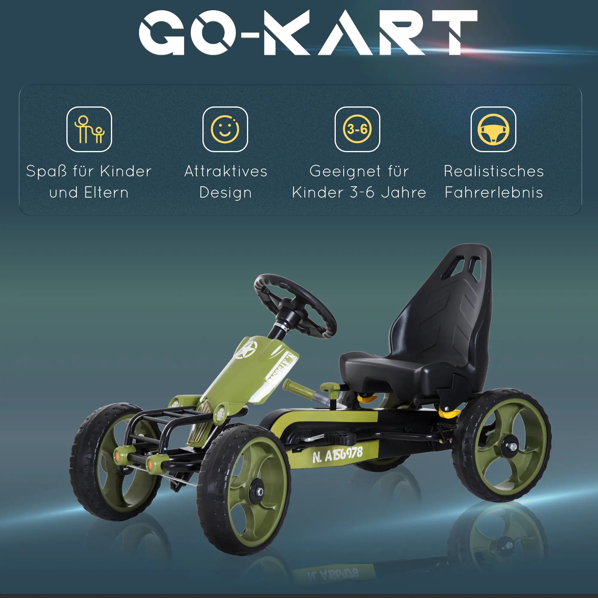 HOMCOM Go Kart Tretauto Tretfahrzeug mit Handbremse Kinderfahrzeug Kettcar Tretfahrzeug mit Verstellbarem Sitz ab 3 Jahren Grün 105 x 54 x 61cm