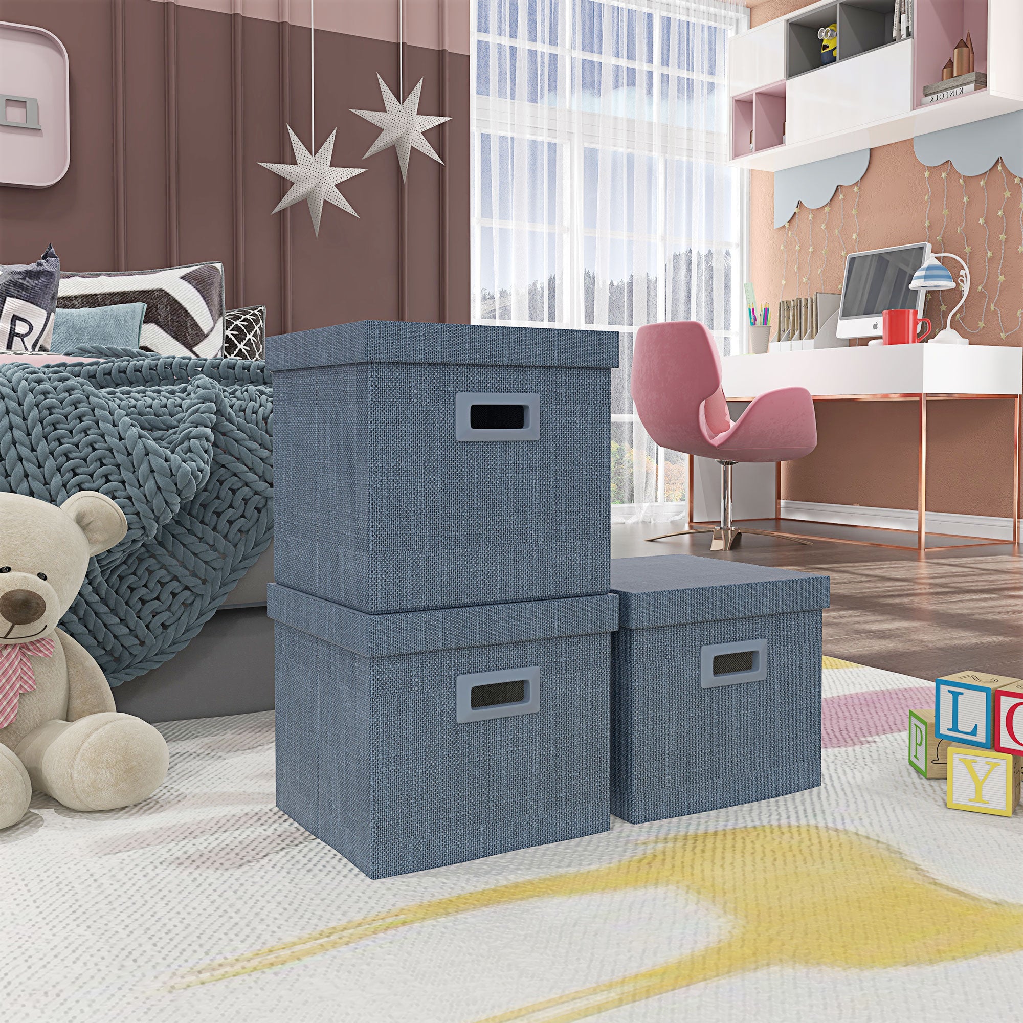 HOMCOM Aufbewahrungsbox Set, abnehmbarer Deckel, Griffe, faltbar, stapelbar, Leinenimitat, Blau