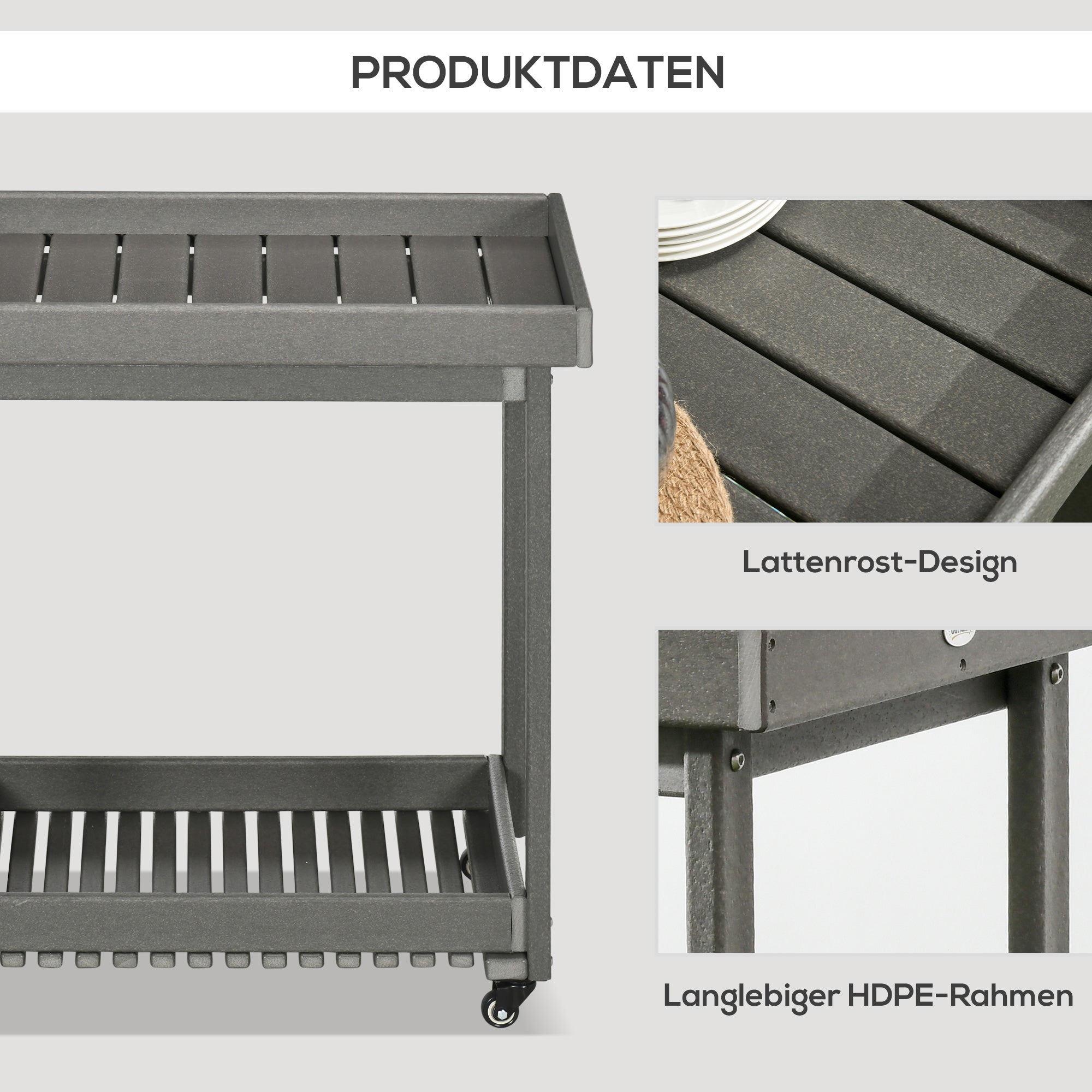 Outsunny Servierwagen mit Handtuchhaltern, 1 untere Ablage, 4 Rollen, 87 cm x 50 cm x 80 cm, Dunkelgrau