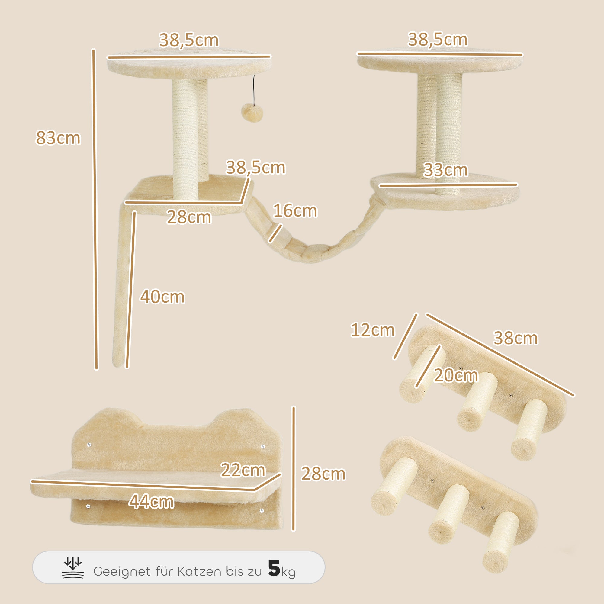 PawHut Katzentreppen-Set, Wand- und Deckenmontage, für Katzen bis 5 kg, Beige