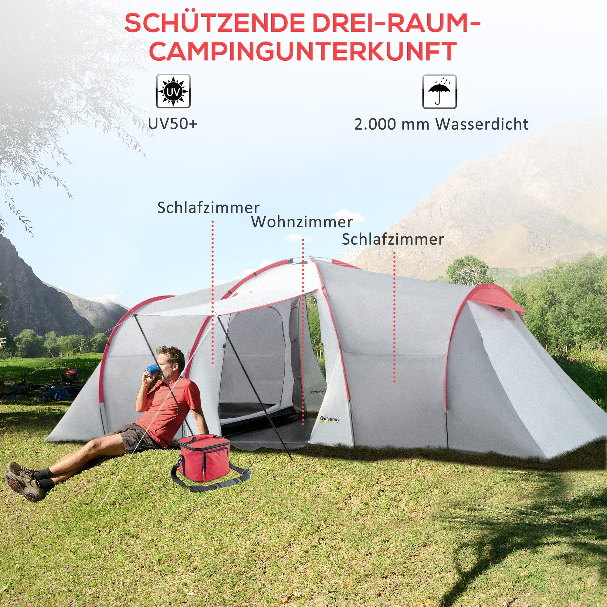 Outsunny Campingzelt, für 4 Personen, Vordach, 2 Schlafzimmer, Fenster, Zubehör, Grau