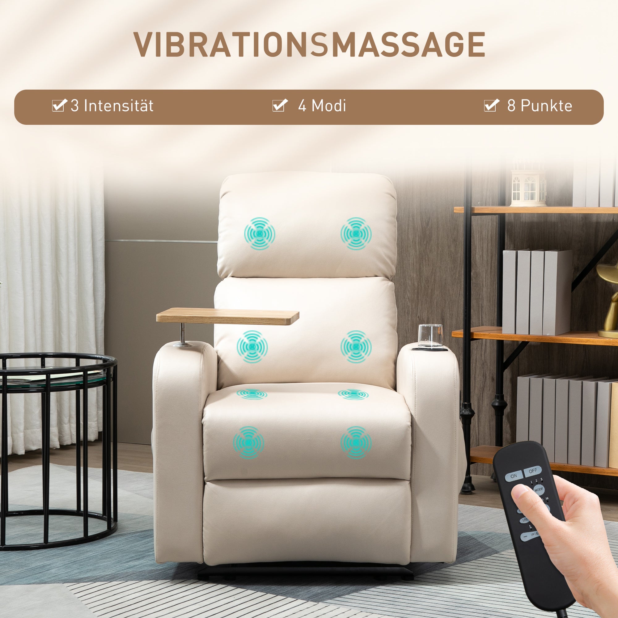 HOMCOM Massagesessel Relaxsessel Liegesessel, 1 Klapptisch, 1 Fußstütze; 77 cm x 93 cm x 105 cm, Beige