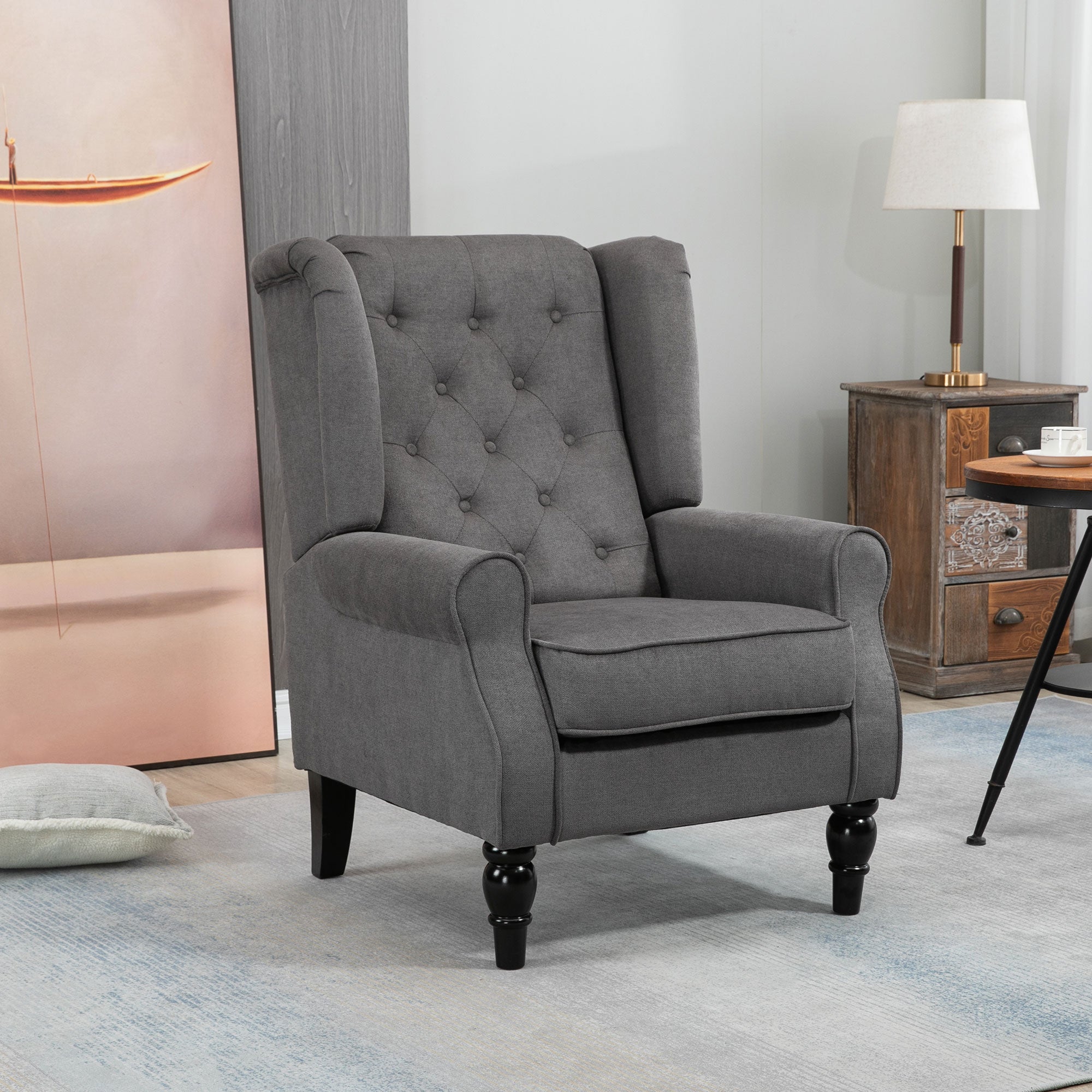 HOMCOM Ohrensessel im Vintage-Design, Lesesessel, Akzentsessel, Holzbeine, Knopfheftung, Grau + Schwarz