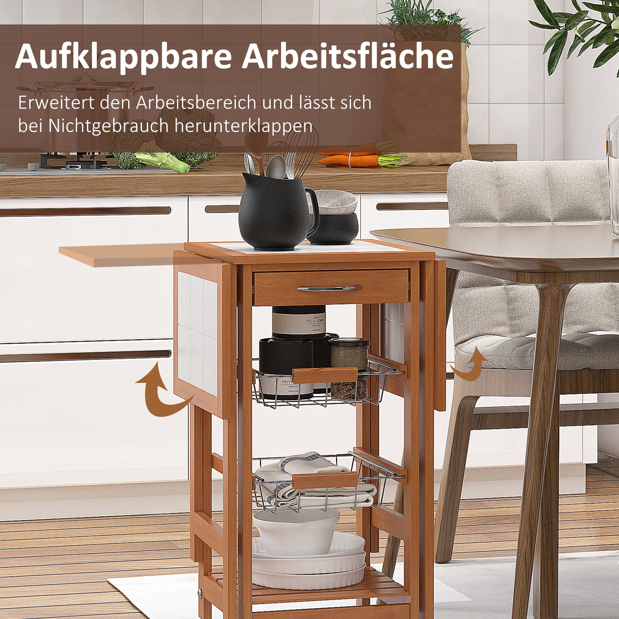 HOMCOM Servierwagen, Küchenwagen, zwei klappbare Seitenelemente, Keramikplatte, Kiefernholz, 91 x 37 x 75cm