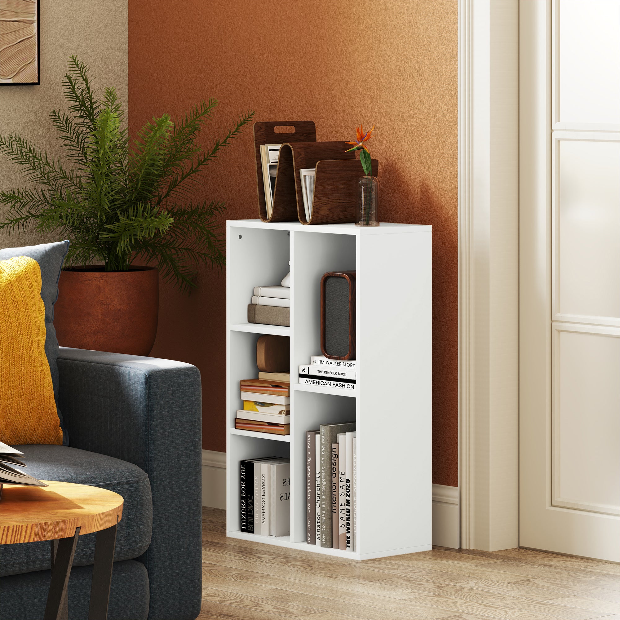HOMCOM 2-Ebenen-Bücherregal, 5 Fächer, Spanplatte, Aufbewahrungsregal, Weiß
