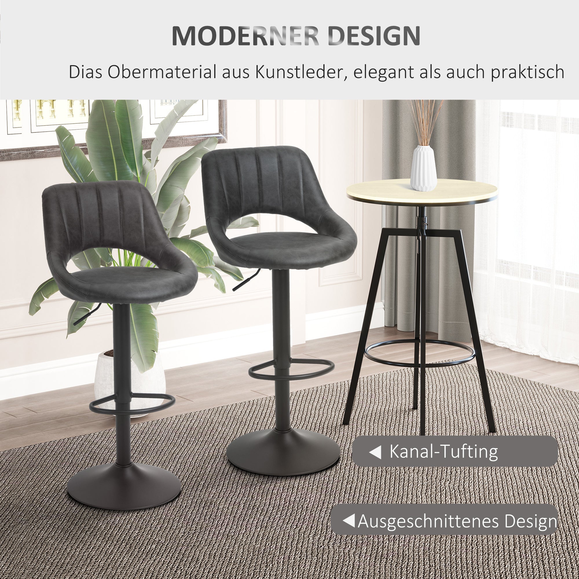 HOMCOM Barhocker 2er-Set, Lederoptik, drehbar, höhenverstellbar, Fußstütze, Metallrahmen, 44 x 49 x 90-110 cm, Grau