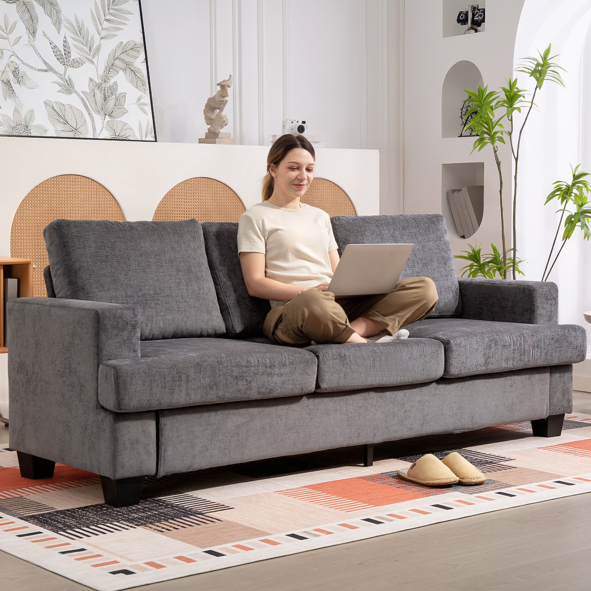 HOMCOM 3-Sitzer-Sofa, Wohnzimmersofa für 3 Personen, Stoffbezug, Stahlrahmen, Polstersofa, Grau