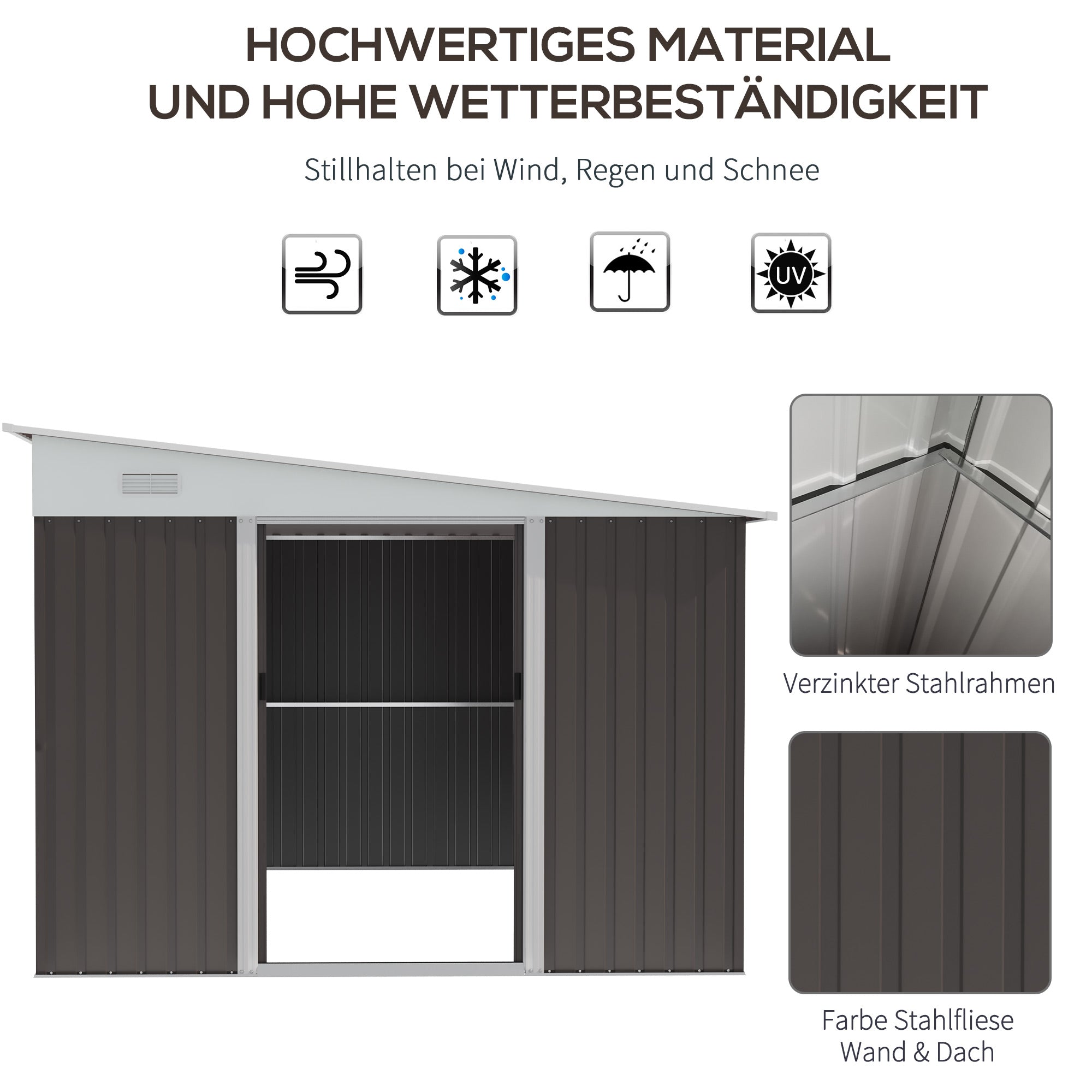 Outsunny Metall-Geräteschuppen Schrägdach verriegelbare Doppeltür 2,8 x 3,45 x 2,01m Grau