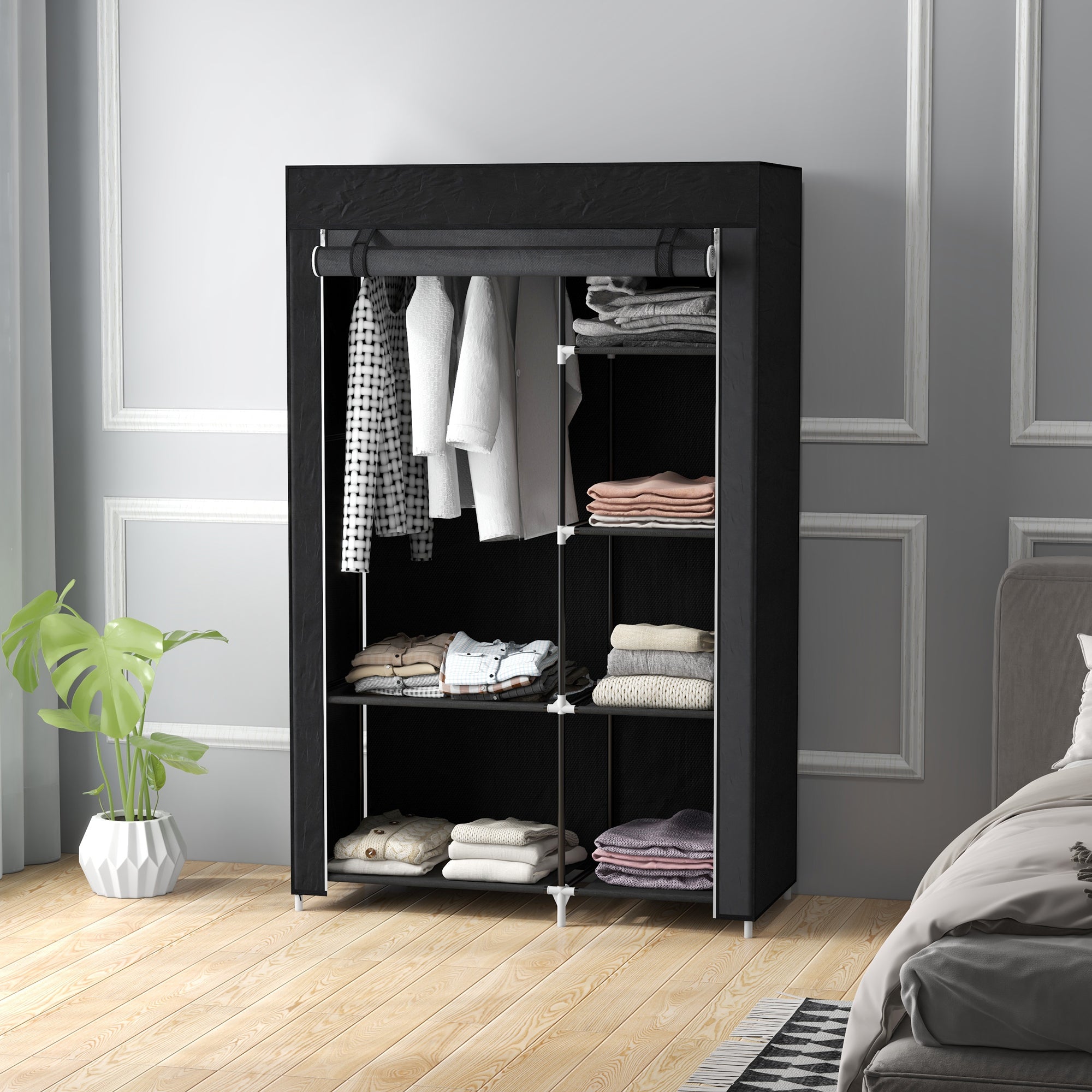HOMCOM Schrank aus Stoff, Aufbewahrungslösung, 6 Regale, 1 Kleiderstange, Schwarz