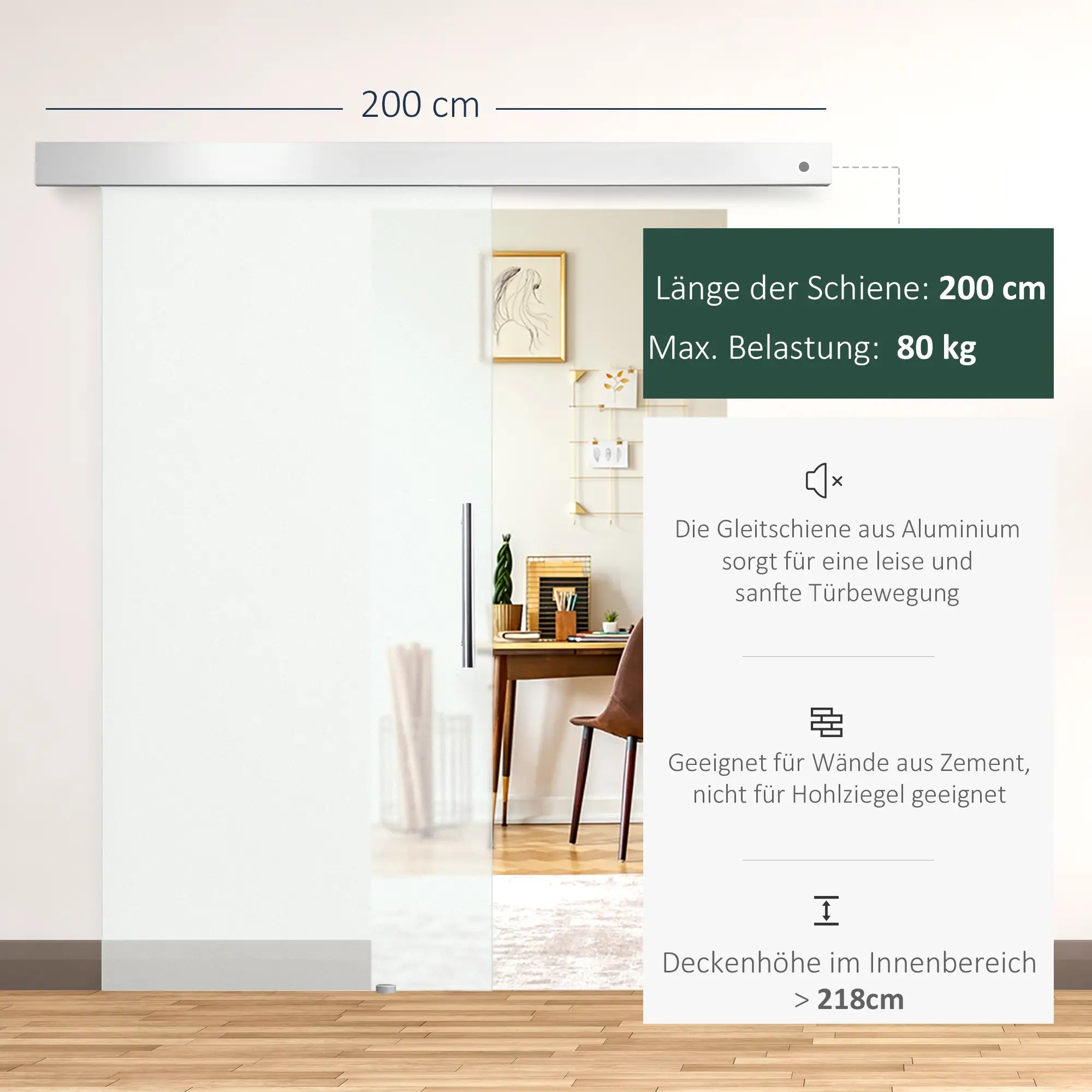 HOMCOM Glasschiebetür mit Aluminium-Hängesystem Komplettset