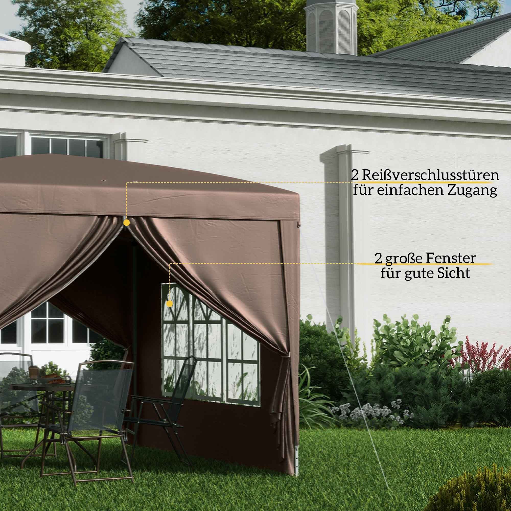 Outsunny 3 x 3 m Pavillon mit 4 Seitenwänden, Fenster, Festzelt mit UV-Schutz, Gartenzelt inkl. Tragetasche, Stahl, Kaffee