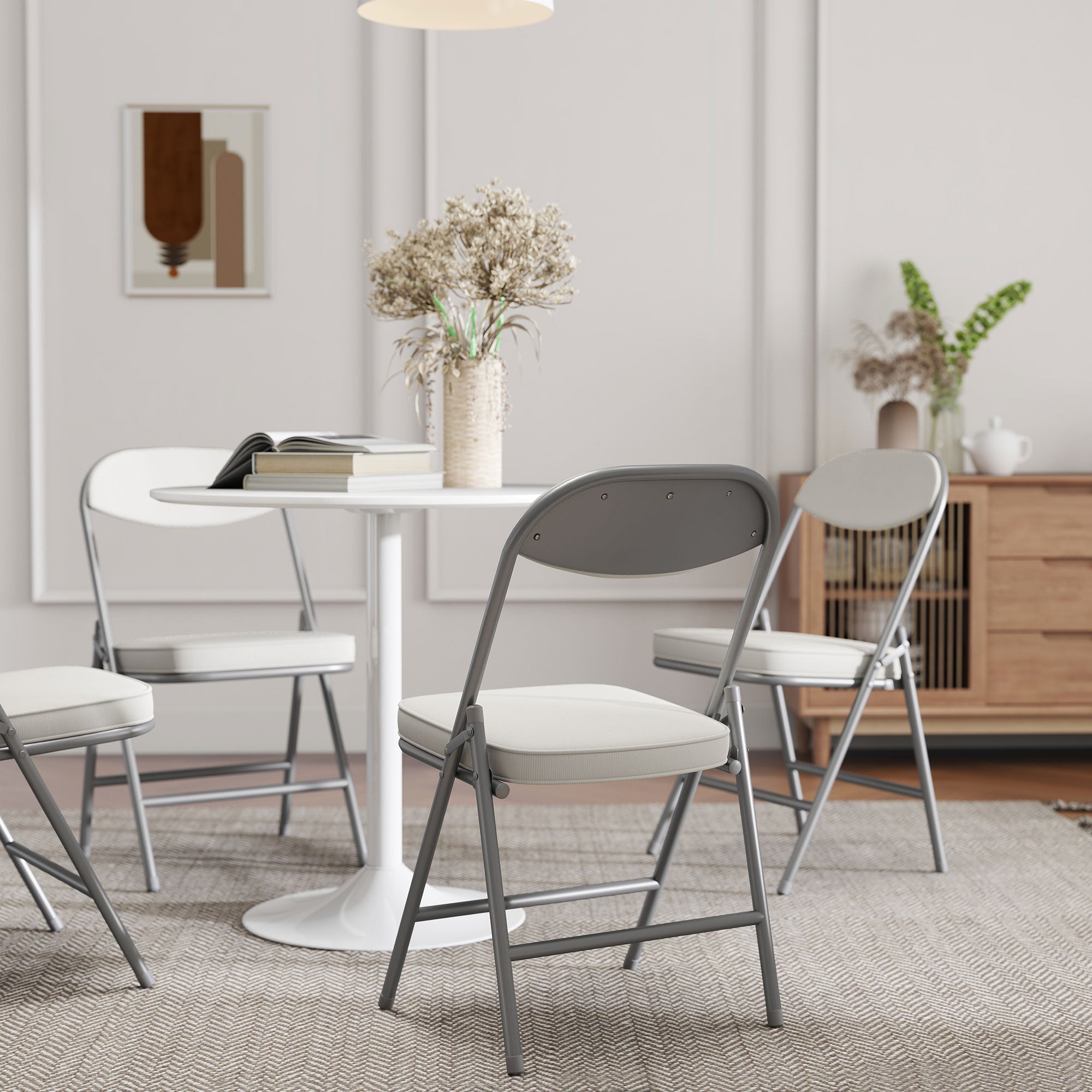 HOMCOM 4er-Set gepolsterte Klappstühle, Faltbare Stühle mit Cordbezug, Rückenlehne, Metallrahmen, Cremeweiß