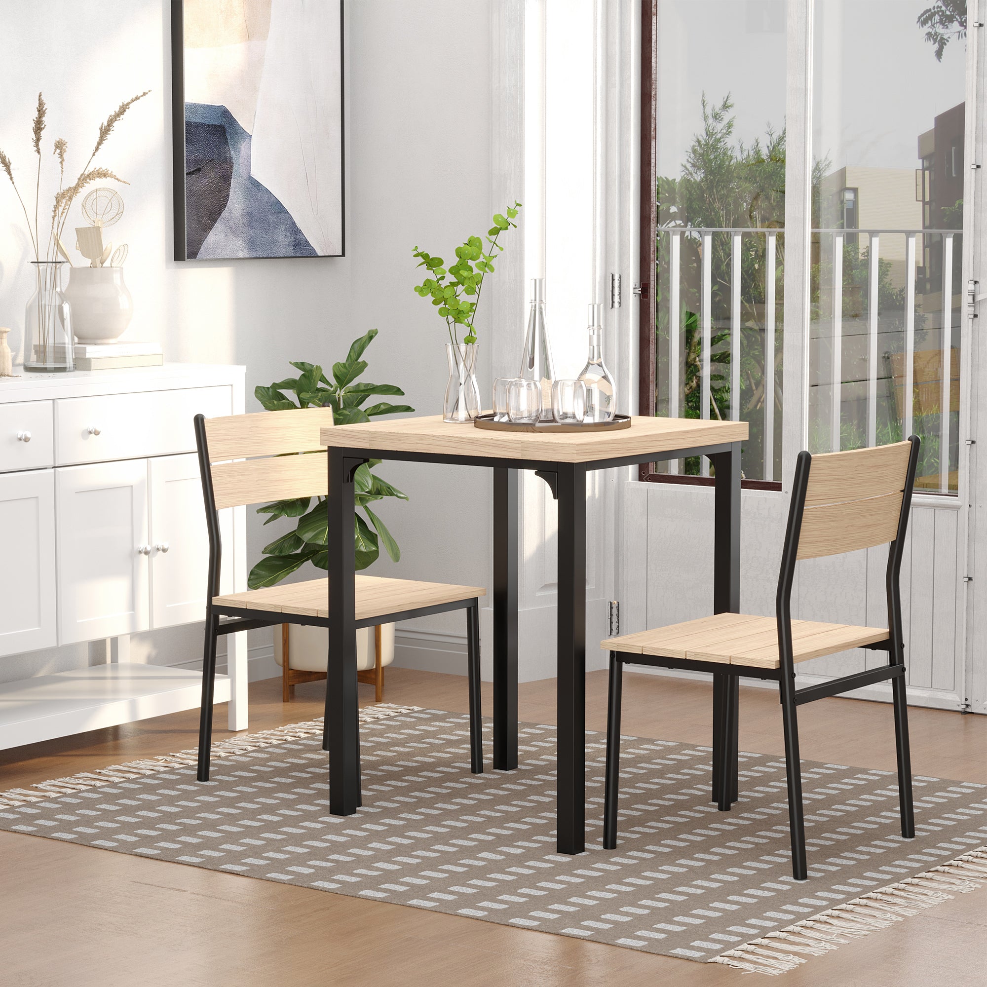 HOMCOM 3-teilige Esstisch Küchentisch mit Stühlen Set Naturholzmaserung + Schwarz mit 1 Tisch + 2 Stühlen