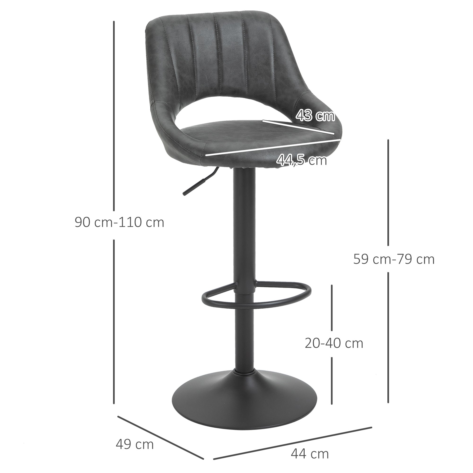 HOMCOM Barhocker 2er-Set, Lederoptik, drehbar, höhenverstellbar, Fußstütze, Metallrahmen, 44 x 49 x 90-110 cm, Grau