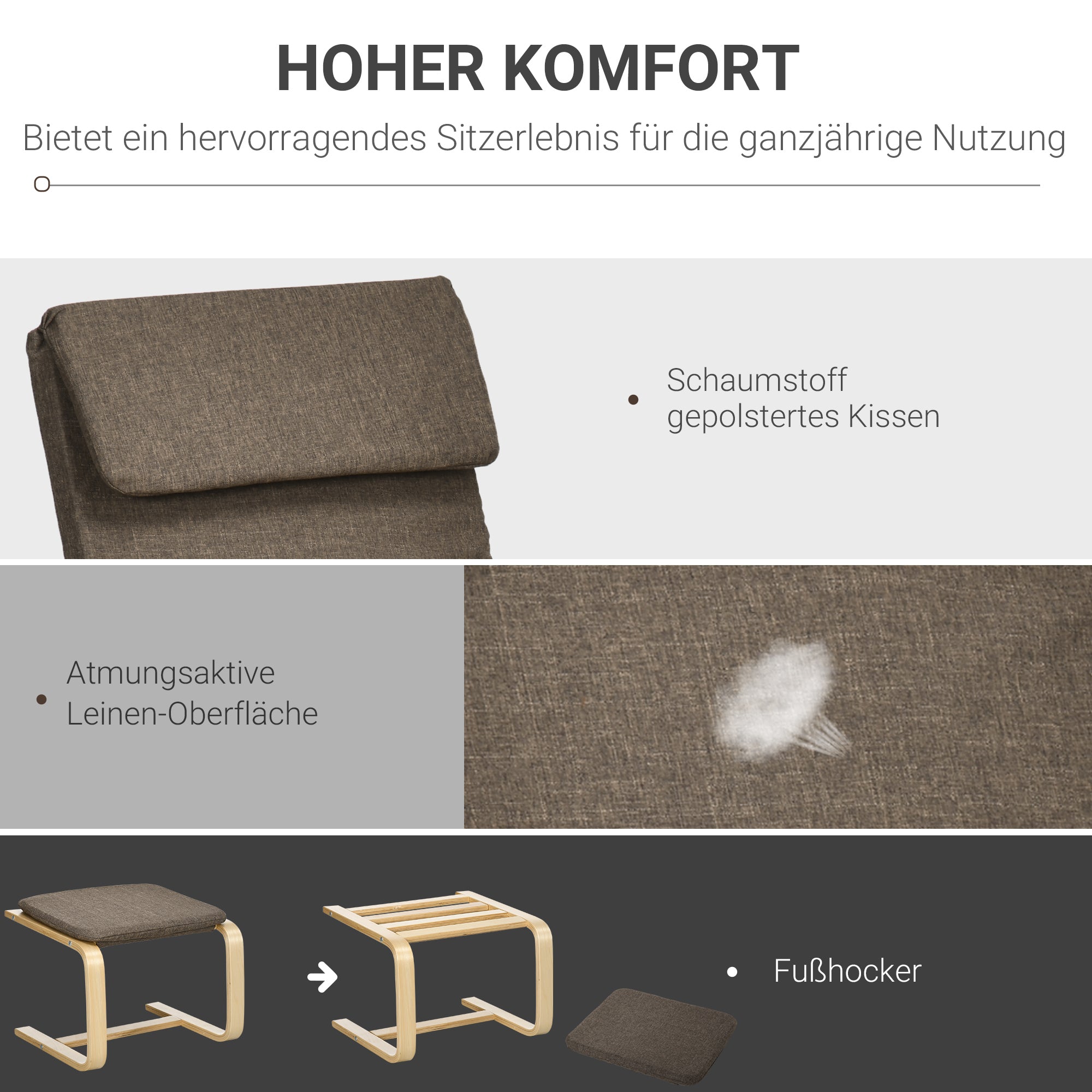 HOMCOM Sessel mit Fußhocker, Sessel-Set, Leinenoptik, Massivholz, Braun + Natur